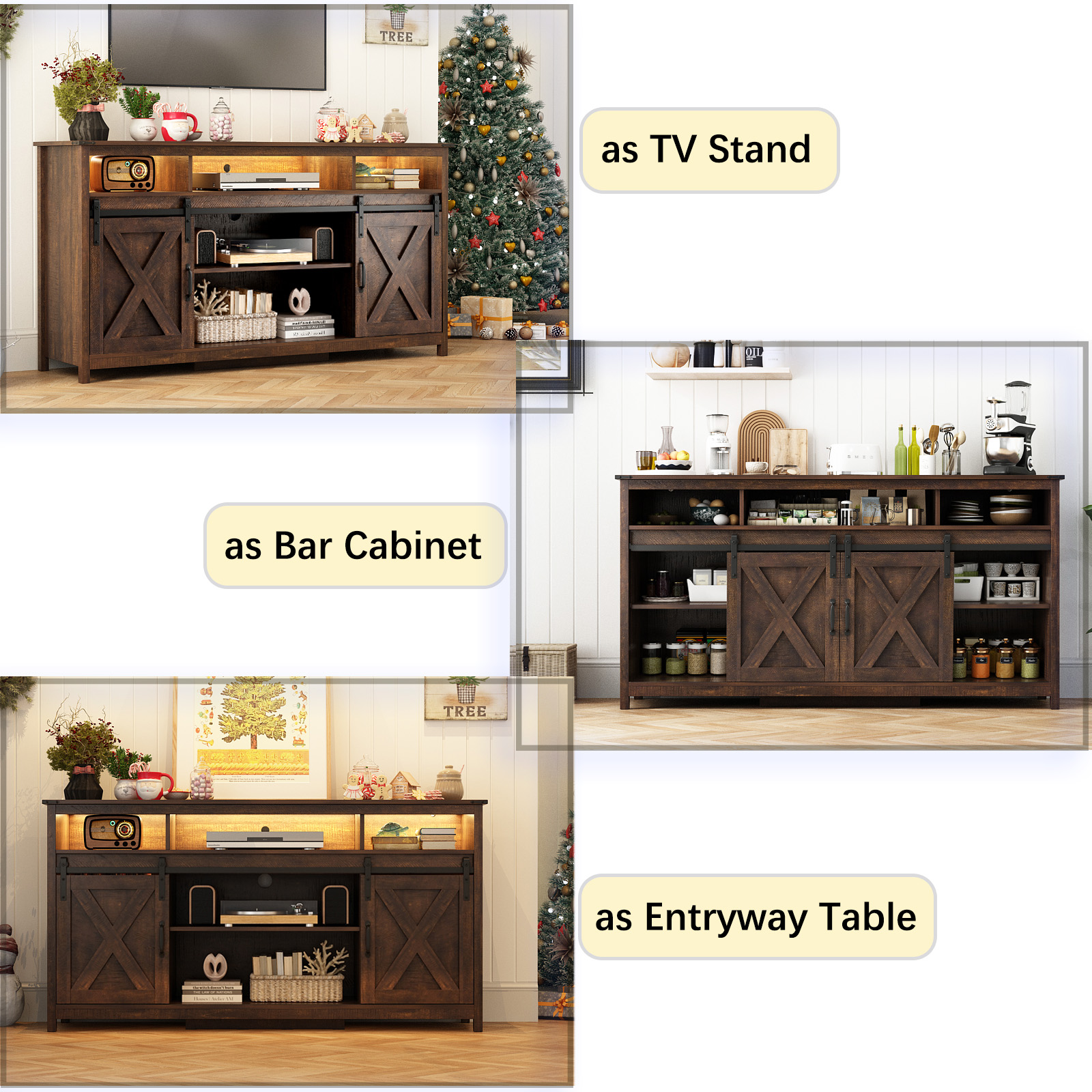 Farmhouse TV Stand for 65" 70" TVs with LED Light/Outlets USB Ports, 61" Large Entertainment Center with Sliding Barn Door & 4 Tier Storage