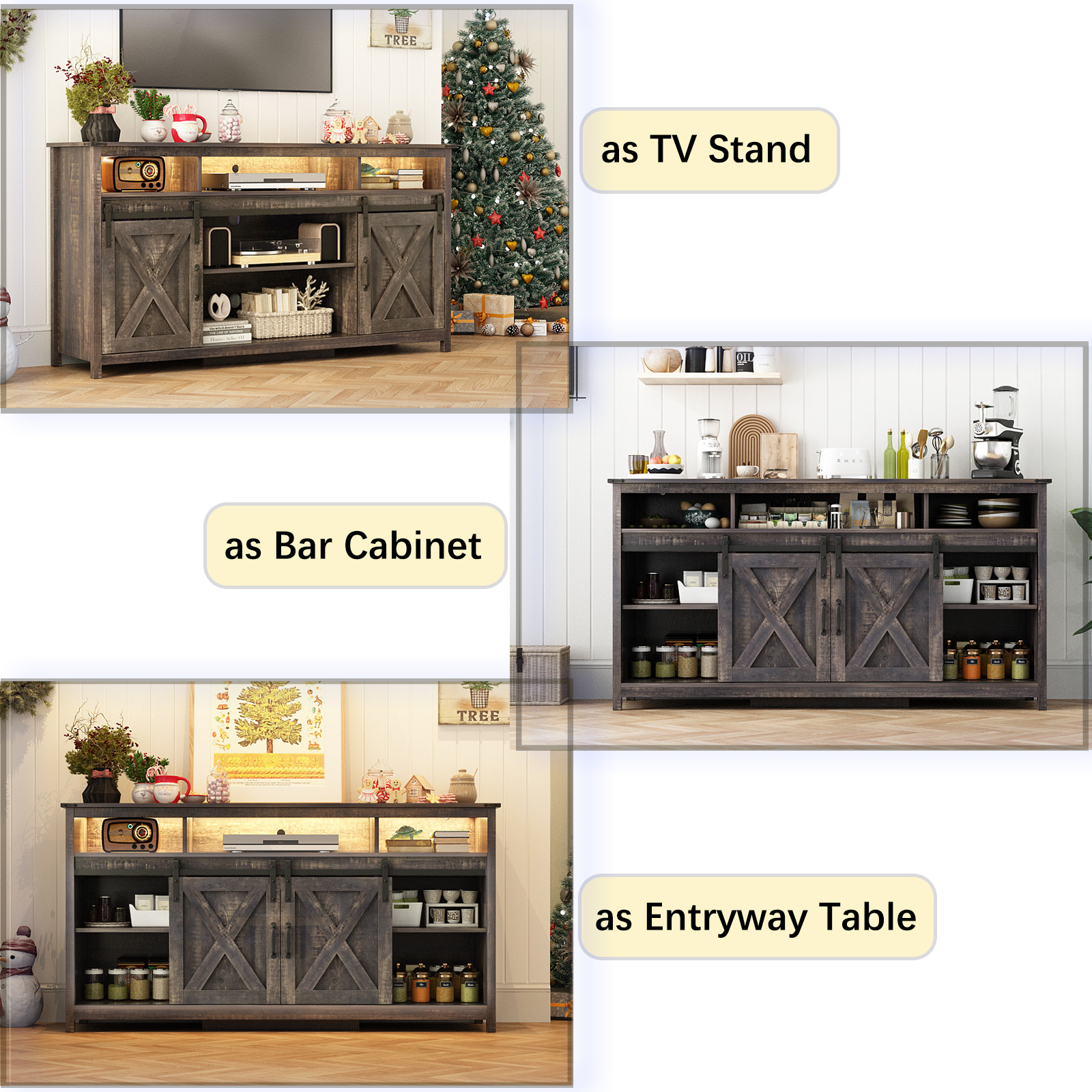 Farmhouse TV Stand for 65" 70" TVs with LED Light/Outlets USB Ports, 61" Large Entertainment Center with Sliding Barn Door & 4 Tier Storage