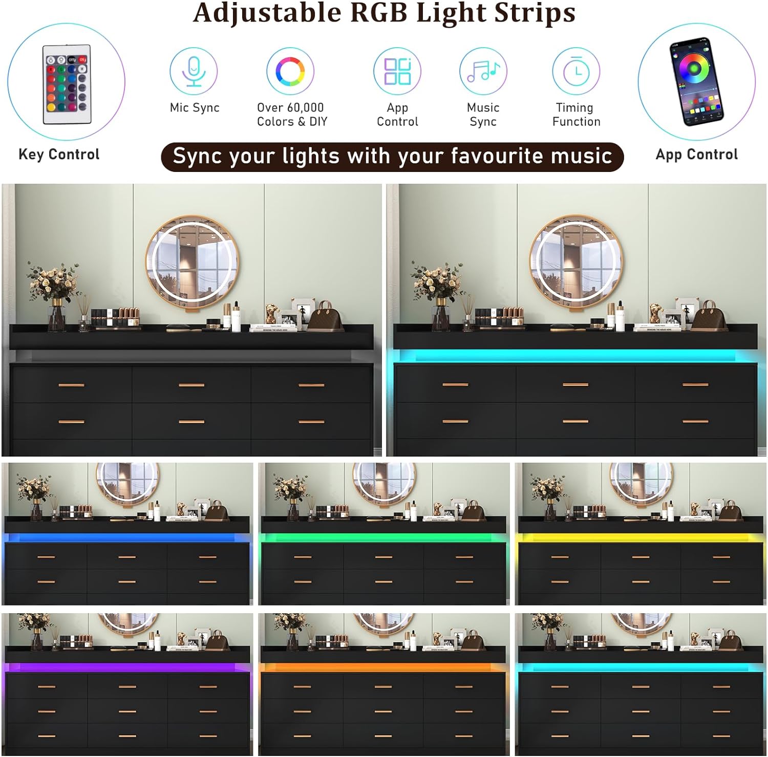 ChVans Black Dresser with LED Light, Modern Wood Dresser with Wide Drawers and Metal Handles, 9 drawer dresser for Bedroom, Living Room, Entryway, Hallway