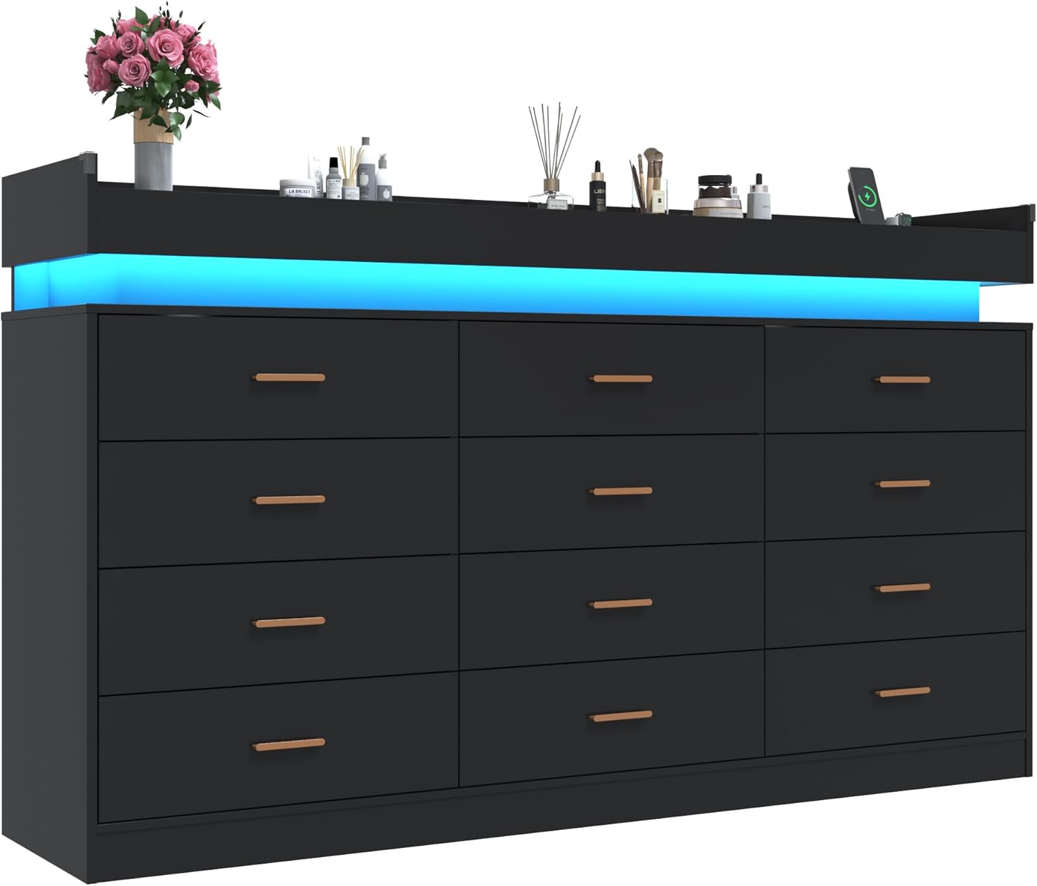 ChVans 12 Drawer Dresser with LED Lights and Charging Station, 70" Wide wood Chest of Drawers and Metal Handles, 45.7" Tall drawers dresser for bedroom, Living Room, Entryway, Hallway