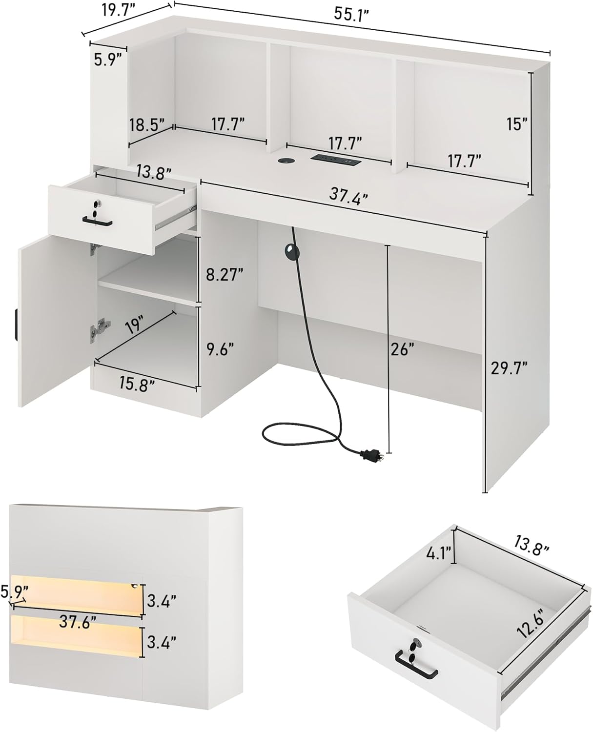 ANPOO 55" L-Shaped Reception Desk with LED Lights & Power Outlets - Front Desk with Cable Grommet & Lockable Drawers, Multi-Use Retail Checkout Counter for Lobby, Salon & Home Office