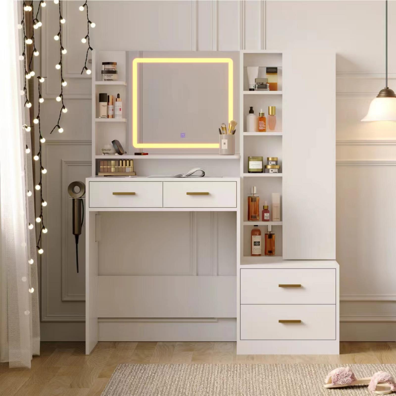 ChVans Makeup Vanity Desk with LED Lighted Mirror & Power Outlet, 45'' Modern Vanity Desk with Jewelry Cabinet, 4 Drawers, Lots Storage Shelves & Adjustable Brightness for Women, Girls Gift