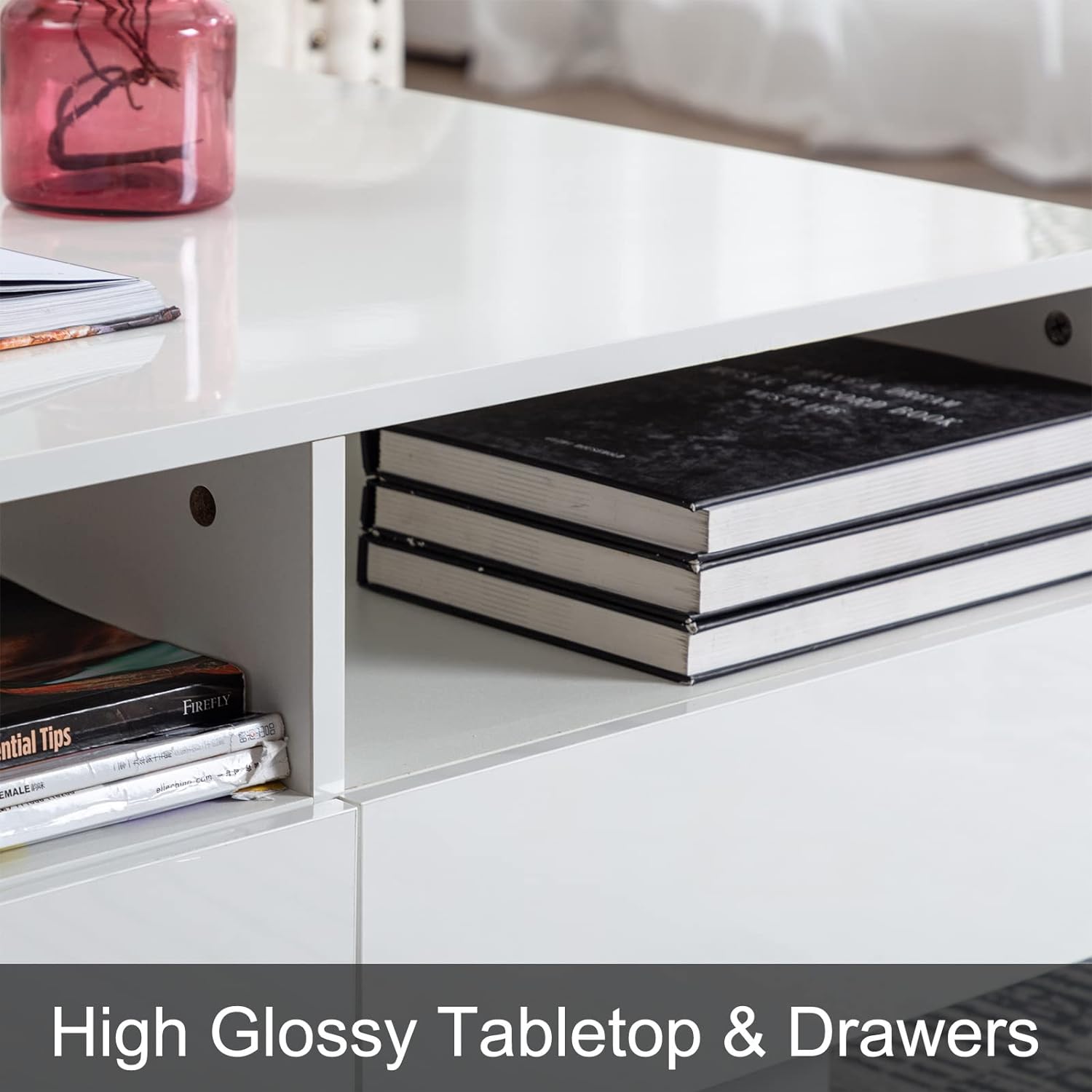 Chvans LED Coffee Table with 4 Storage Sliding Drawers, Black High Glossy Coffee Table with 16 Colors LED Lights, Rectangular Modern Center Table for Living Room