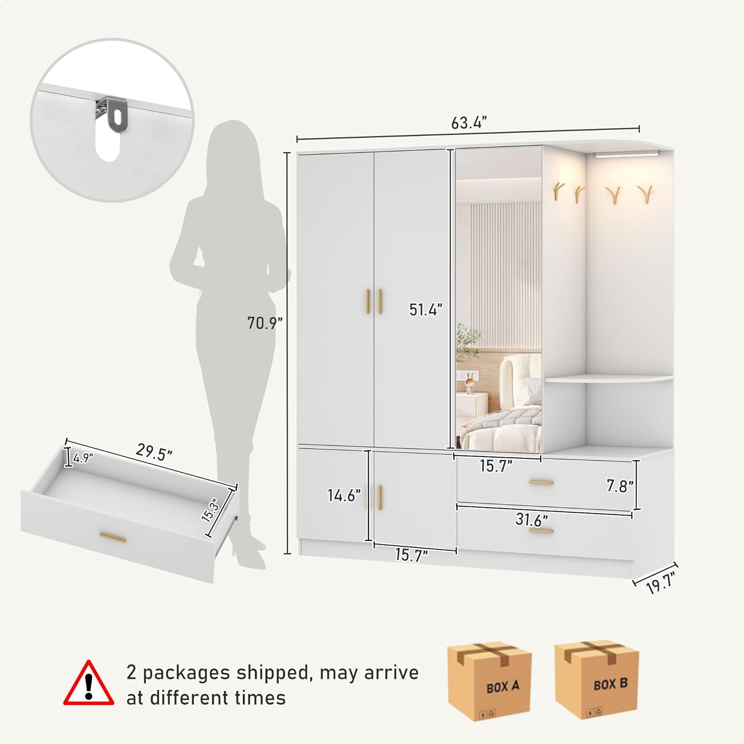 ChVans 71'' Armoire Wardrobe Closet with Mirror and Sensor Light, Modern Large Wooden Armoire Closet with 3 Doors, 2 Drawers, 4 Hooks, 2 Hanging Rods, Open Space for Bedroom