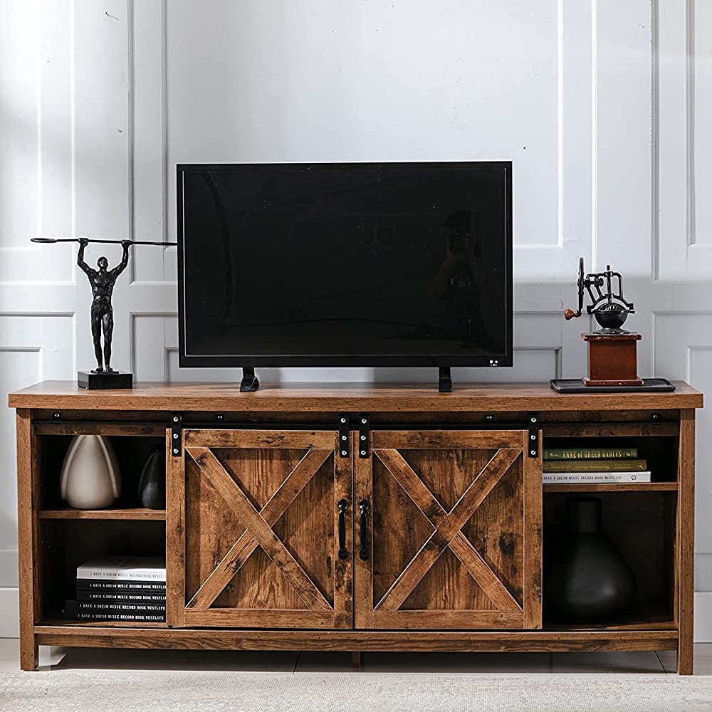 58" Farmhouse Sliding Barn Door TV Stand for TVs up to 65" Television Cabinet(Dark gray), Wood, Metal