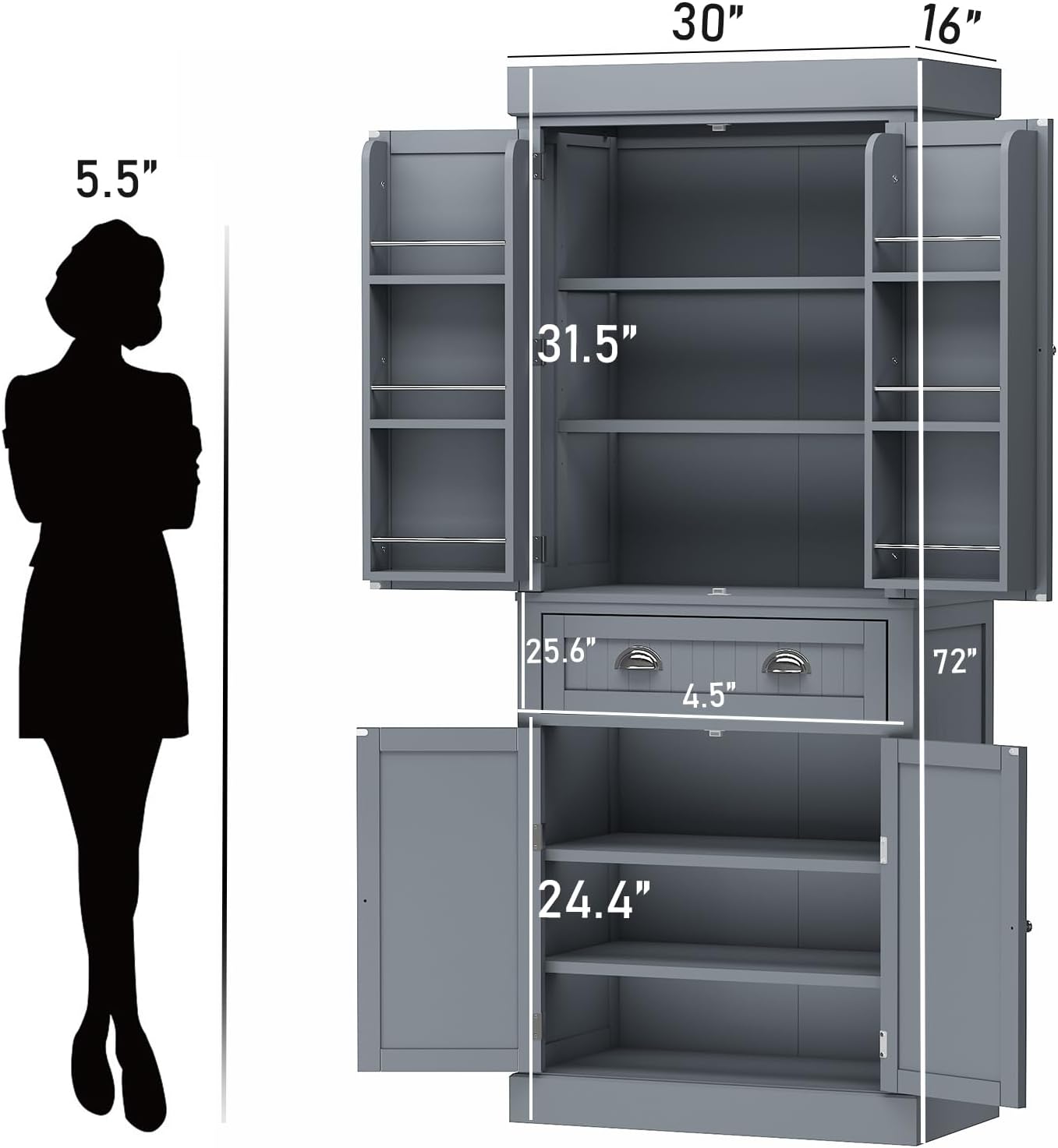 ChVans 72" Tall Kitchen Pantry with 4 Doors, Storage Cabinet with 1 Large Drawer 6 Hanging Shelves, Freestanding Cupboard for Dining Room Living Room