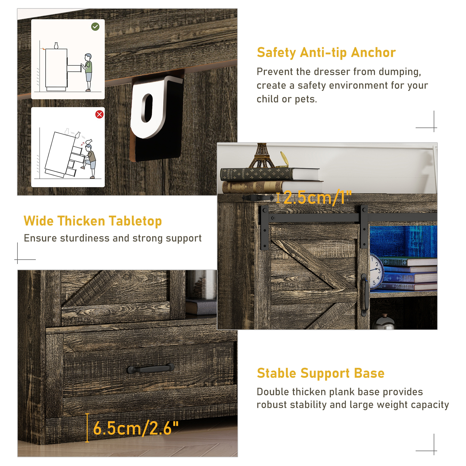 ChVans 47'' Farmhouse Dresser with LED Light & Power Outlet, 2 Drawers, 2 Sliding Doors, 2 Storage layers, Rustic Dresser TV Stand for 60in TV, Wood Storage Cabinet for Bedroom, Living Room, Hallway