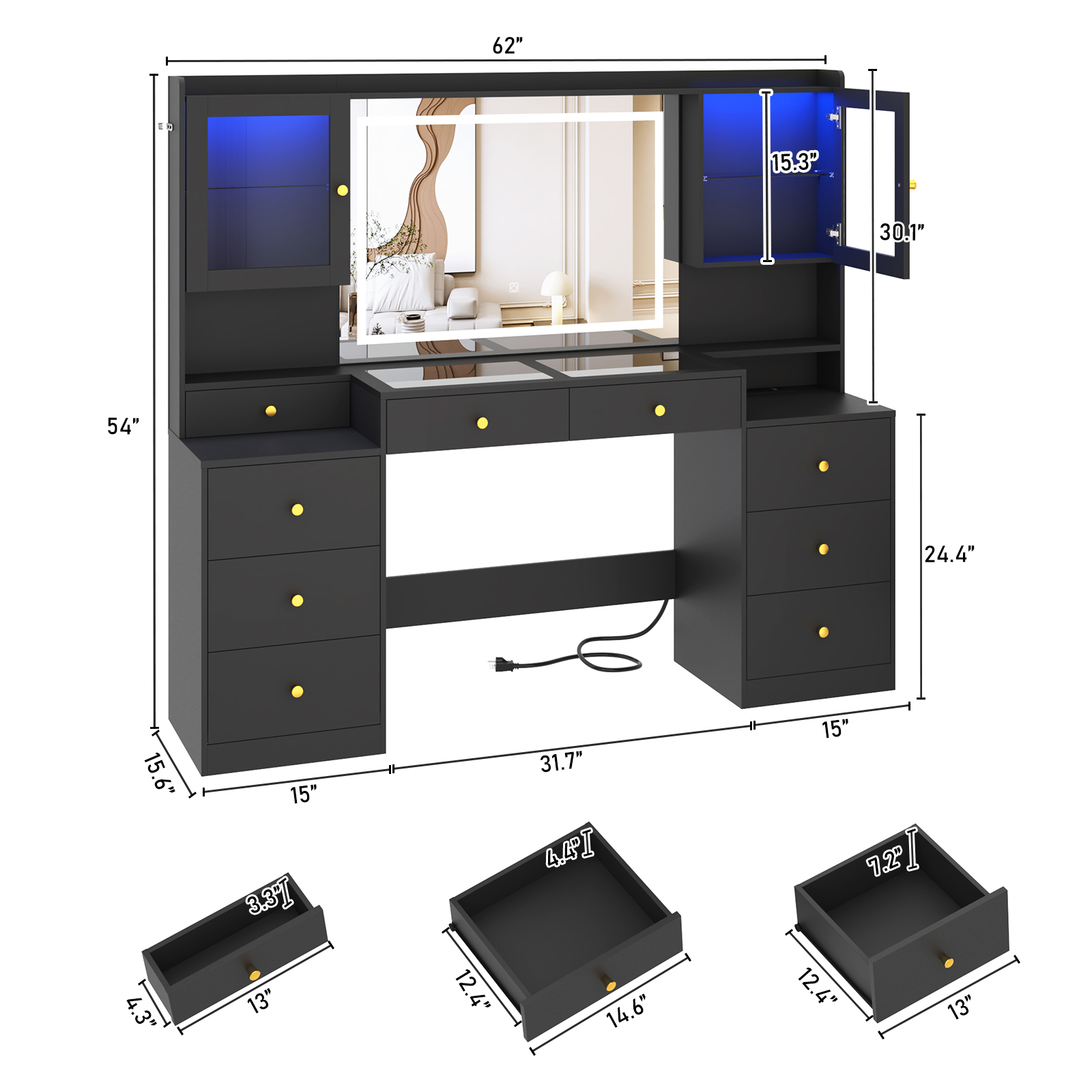 ChVans Large Vanity Desk with Mirror, LED Light and Charging Station, 62" White Makeup Vanity with 9 Drawers & 2 RGB cabinets & Glass Top for Women, Girls Gift