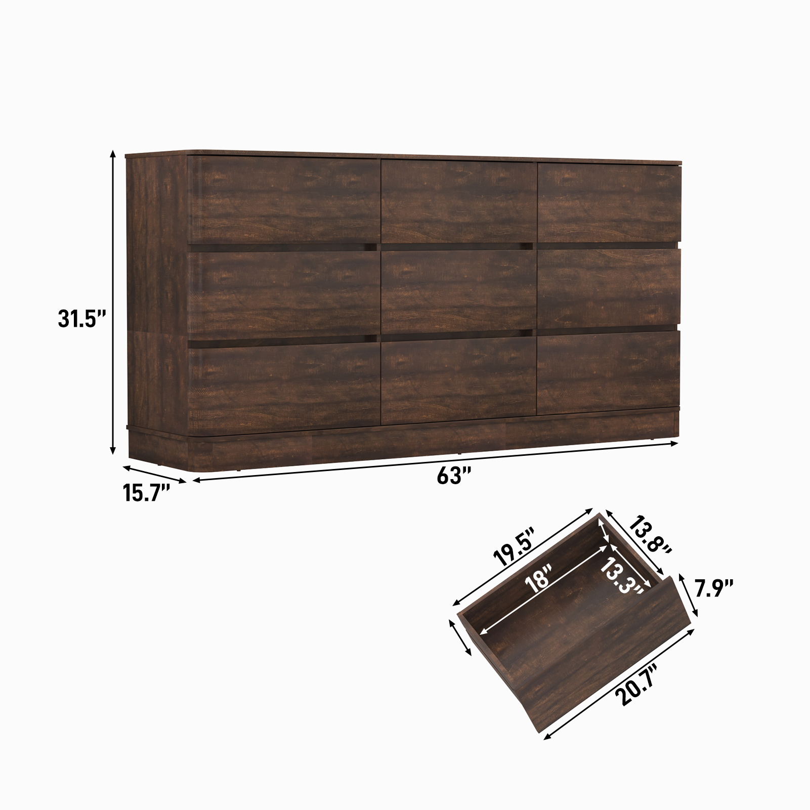 Modern 9 Drawers Dresser for Bedroom, 63'' Wide Handleless Chest of Drawers w/Power Outlet, Curved Profile Design, Wooden Dresser TV Stand with Organizer Storage for Living Room, Entryway