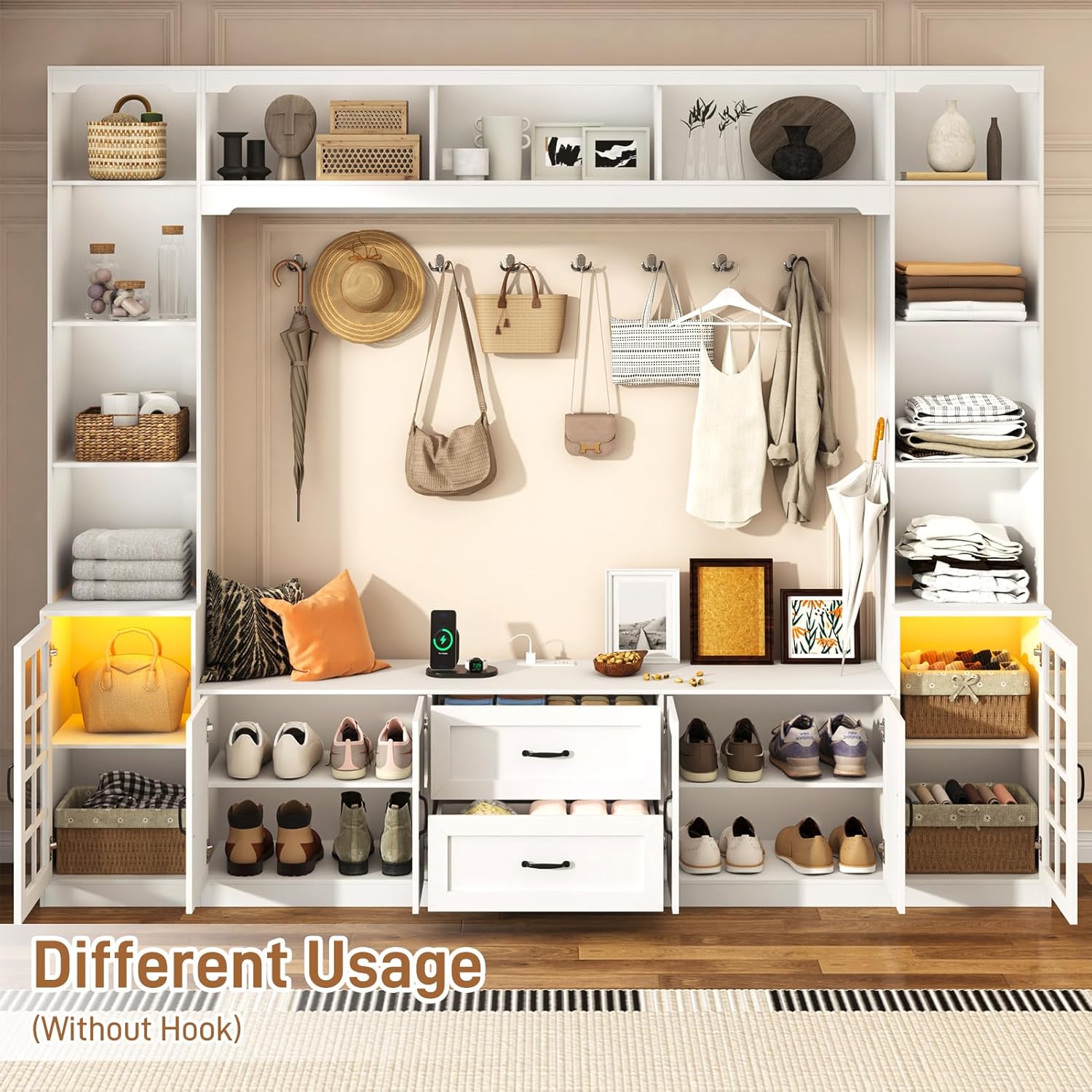 ChVans 103" W Wall Unit TV Stand with Storage for TVs up to 80", Modern TV Console with LED Lights, Entertainment Center with Bookshelves for Living Room