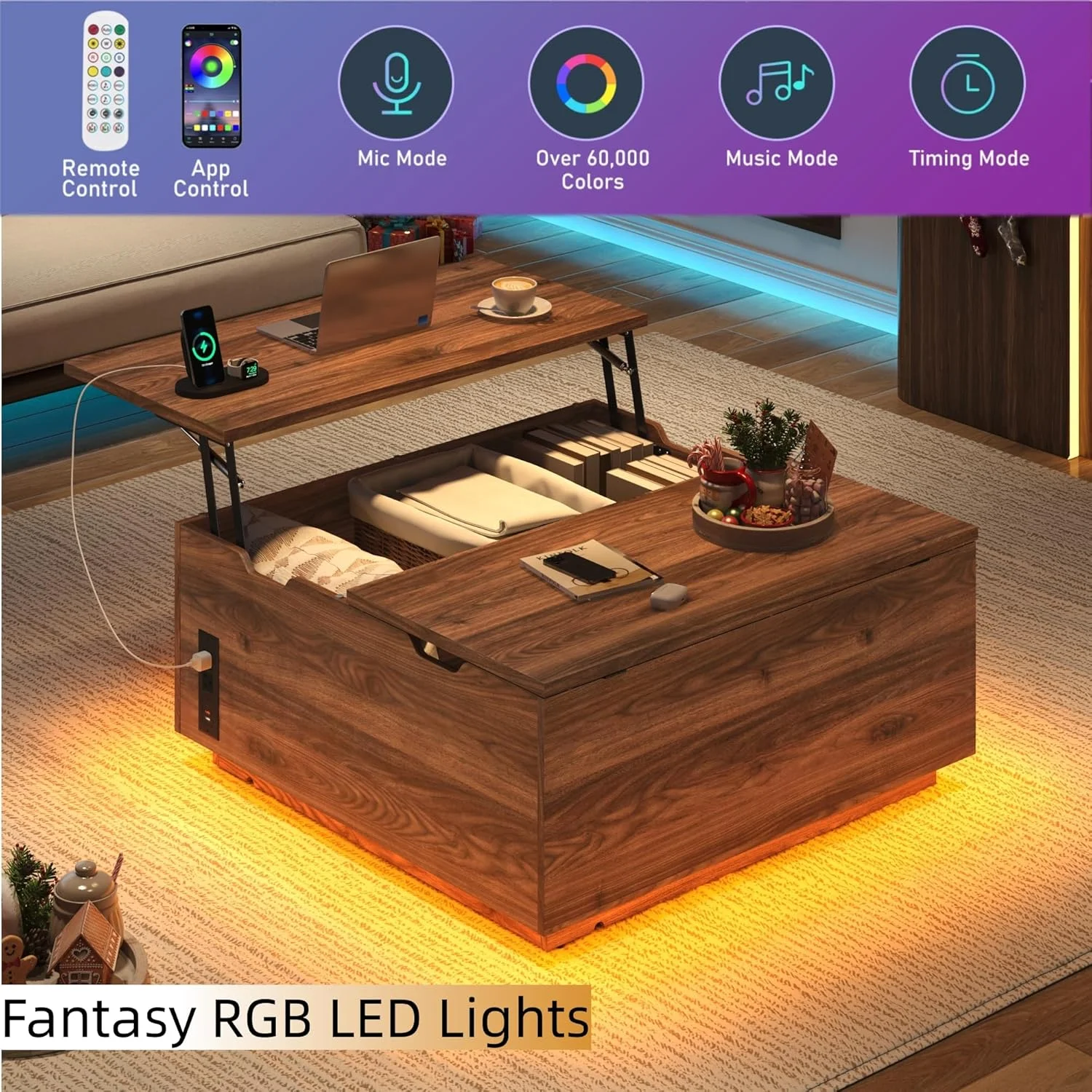 Lift Top Coffee Table with Led Light and Charging Station, 36" Modern Walnut finish Coffee Table with Large Hidden Space, Square Center Coffee Tables for Living Room, Office