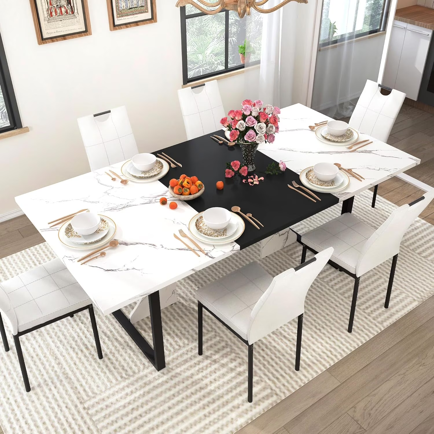 ChVans 7 Pcs Dining Table Set for 4-6 People with Chairs,70" Kitchen Dinner Table W/Waterpoof Wooden Tabletop,6 PCS Upholstered PU Chairs,Rectangular Wood Tables W/Adjustable Leg for Home Dining Room