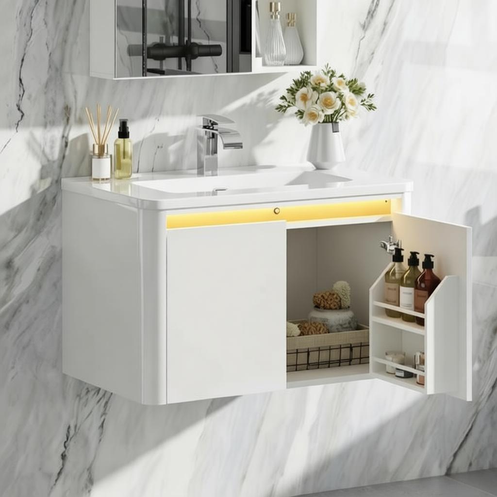 36 Inch Wall Mounted Bathroom Vanity with Sink and Mirror Cabinet,Modern Floating Bathroom Storage Cabinet with 2 Drawers and Soft Closing Door
