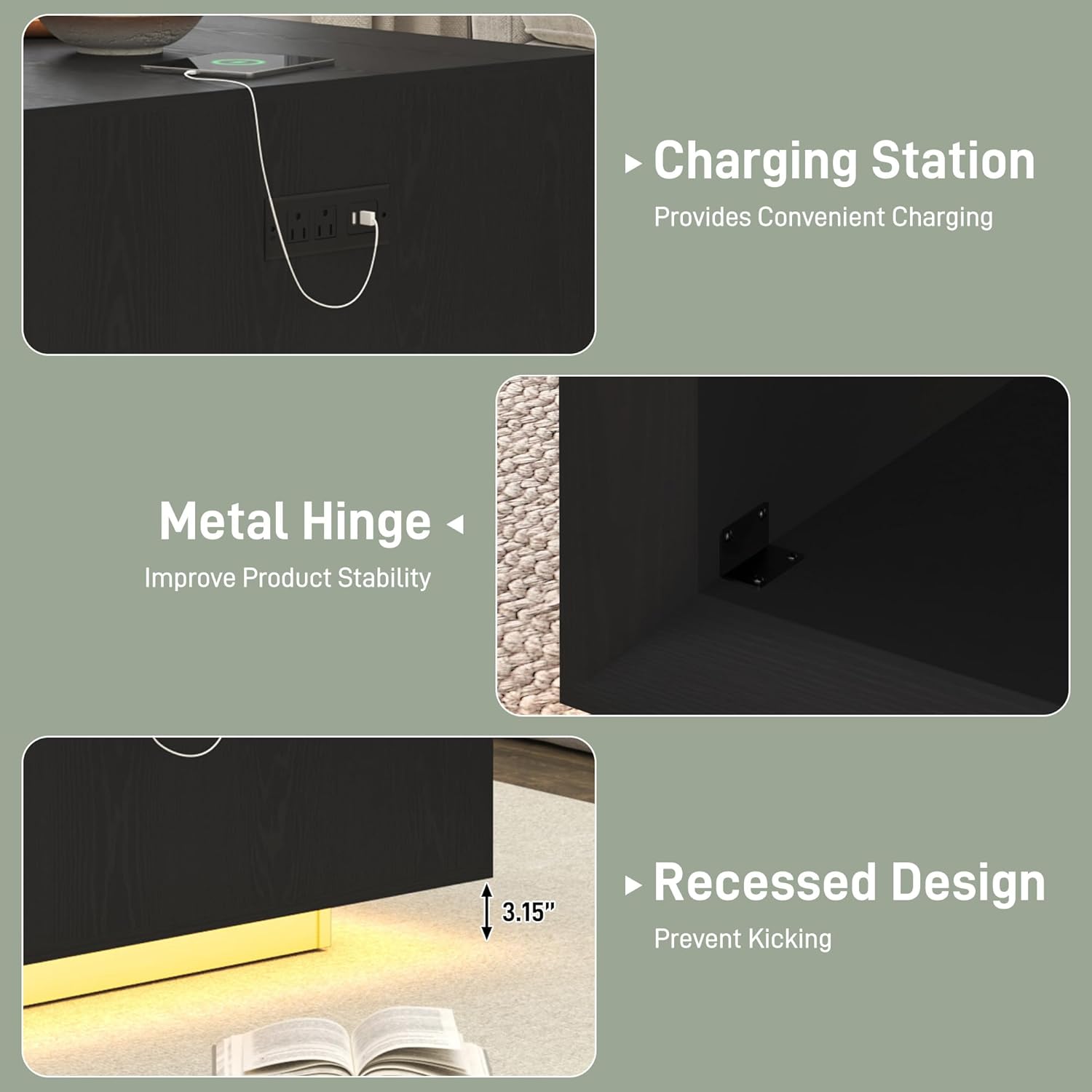 ANPOO 32" Mid Century Modern Square Coffee Table with LED Light & Power Outlet, 2-Tier Wood Cocktail Table with Storage for Living Room