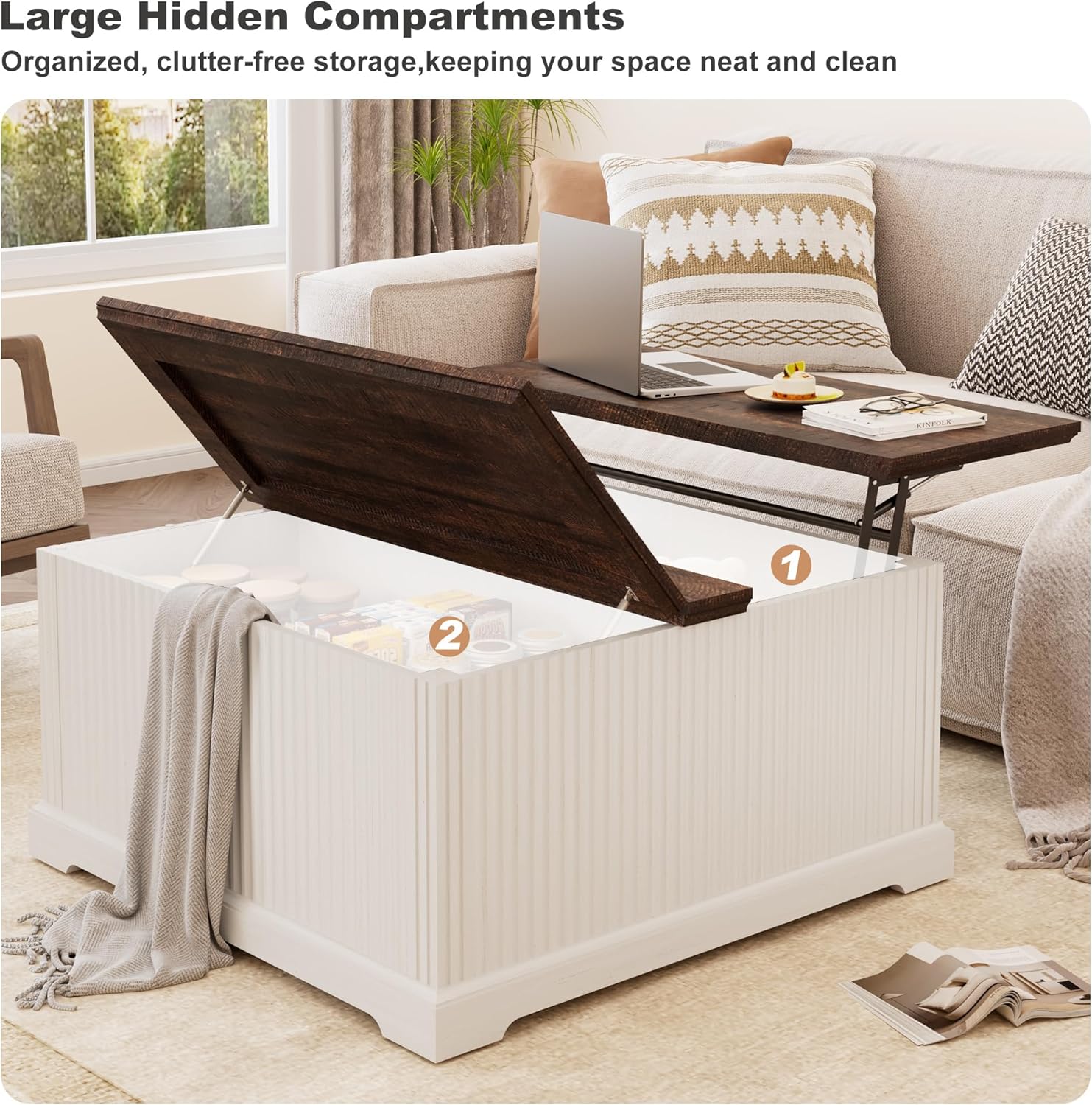 ANPOO Farmhouse Lift Top Coffee Table with Hidden Large Storage, 35.8 Inch Fluted Wood Square Center Table for Living Room, Bedroom, Home Office