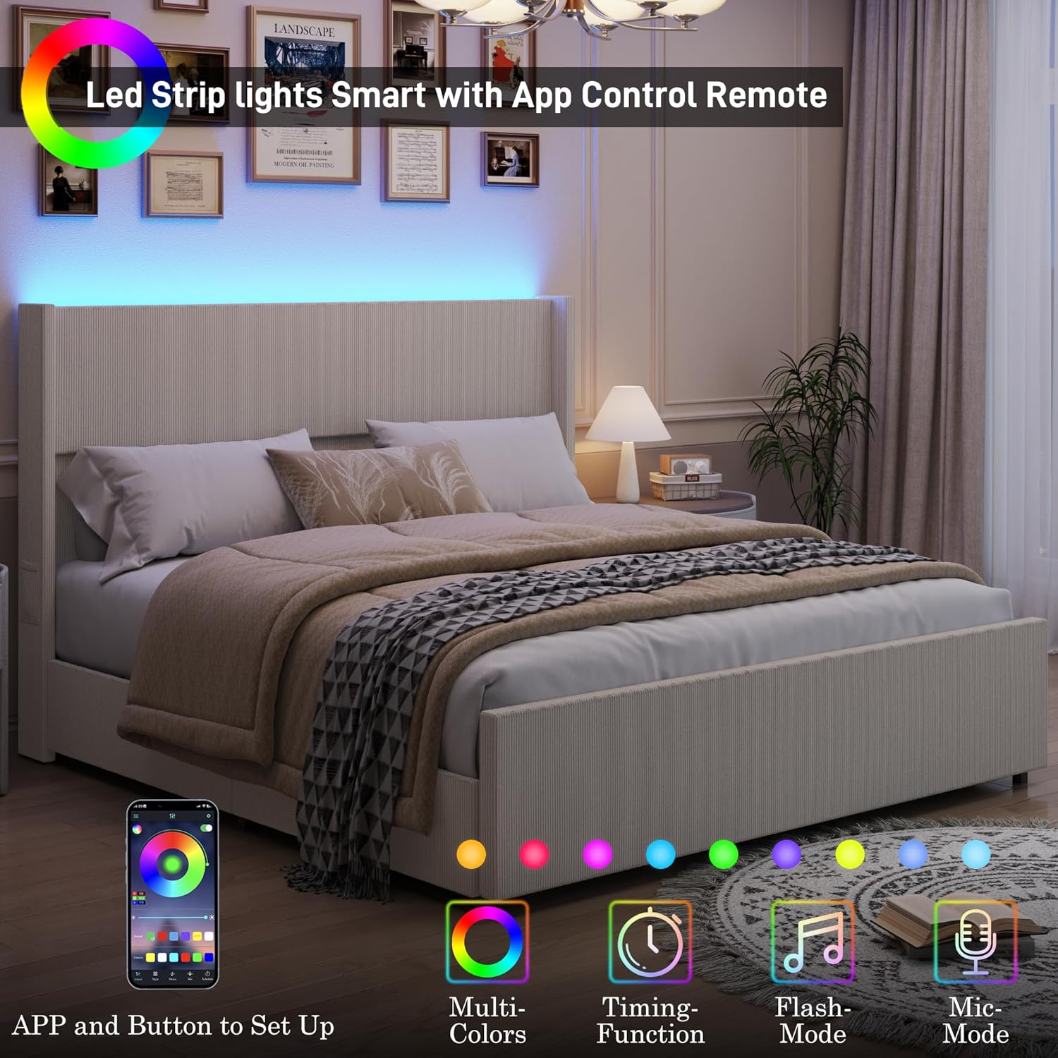 ANPOO Queen Size LED Upholstered Bed Frame with Drawer, Wingback Platform Bed Frame with 52" Headboard & Footboard, Corduroy Bed Frame No Box Spring Needed/Noise Free