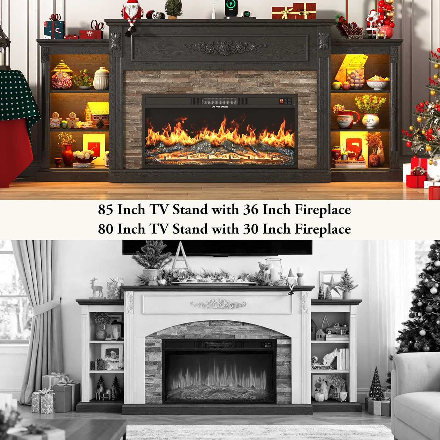 ANPOO 85" Electric Fireplace with Mantel, Fireplace TV Stand with 36" Fireplace for TVs Up to 95 Inch, 37.6" Tall Farmhouse Entertainment Center with LED Lights & Charging Station, Carved Decoration