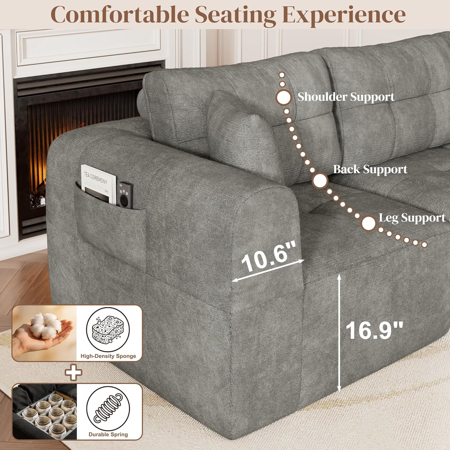 ChVans 110" L-Shaped Sectional Sofa with Convertible Left/Right Ottoman, Boneless Sofa with Oversized Chaise & Layered Cushion, Upholstered Couches for Living Room Bedroom, No Assembly