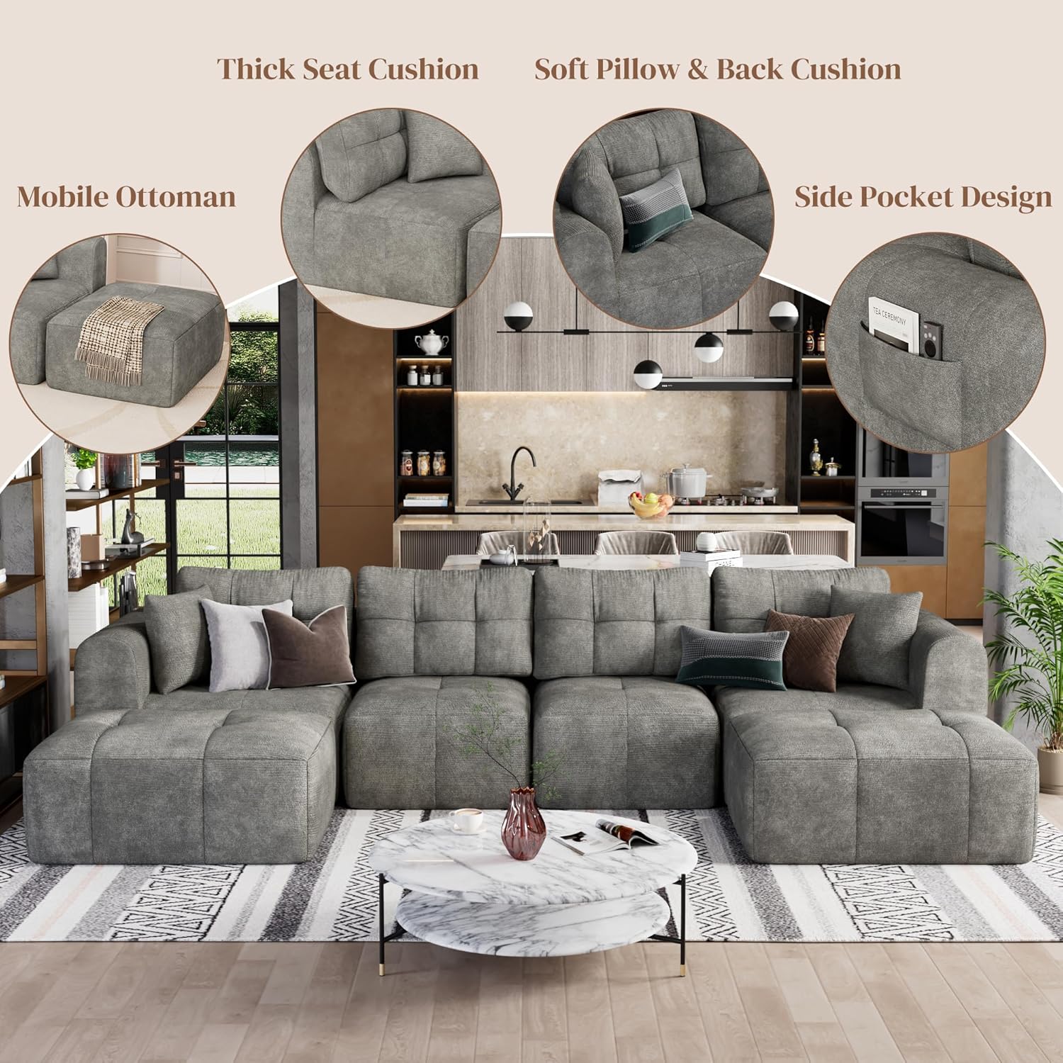 ChVans 110" L-Shaped Sectional Sofa with Convertible Left/Right Ottoman, Boneless Sofa with Oversized Chaise & Layered Cushion, Upholstered Couches for Living Room Bedroom, No Assembly