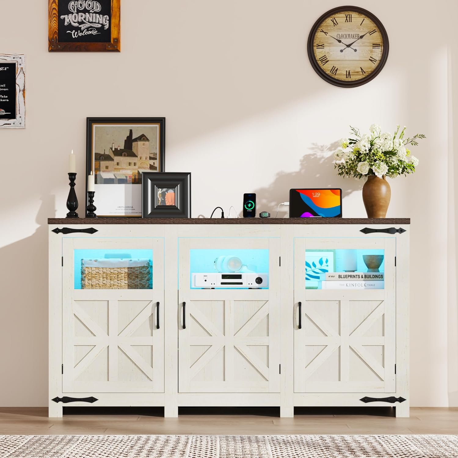 ChVans LED Farmhouse TV stand for up to 85" TVs with Power Outlet, 74" Large Entertainment Center Console Table, 33.5" Tall Rustic Media Console w/Storage Shelves for Living Room