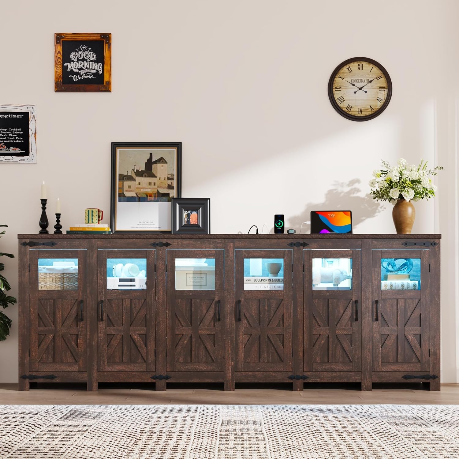 ChVans LED Farmhouse TV stand for up to 85" TVs with Power Outlet, 74" Large Entertainment Center Console Table, 33.5" Tall Rustic Media Console w/Storage Shelves for Living Room