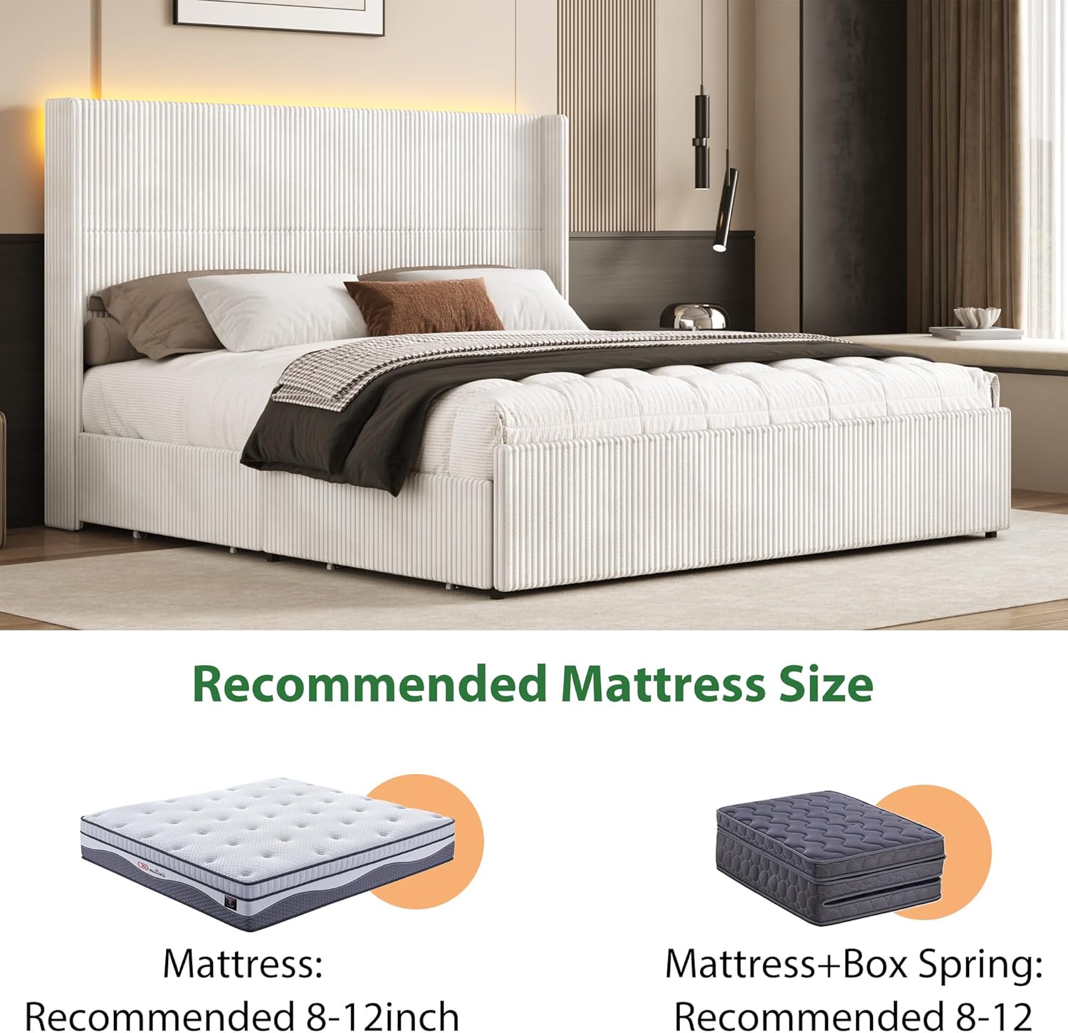 ChVans King Size LED Upholstered Bed Frame with Drawer, Wingback Platform Bed with 52" Headboard, Noise-Free Corduroy Bed No Box Spring Required
