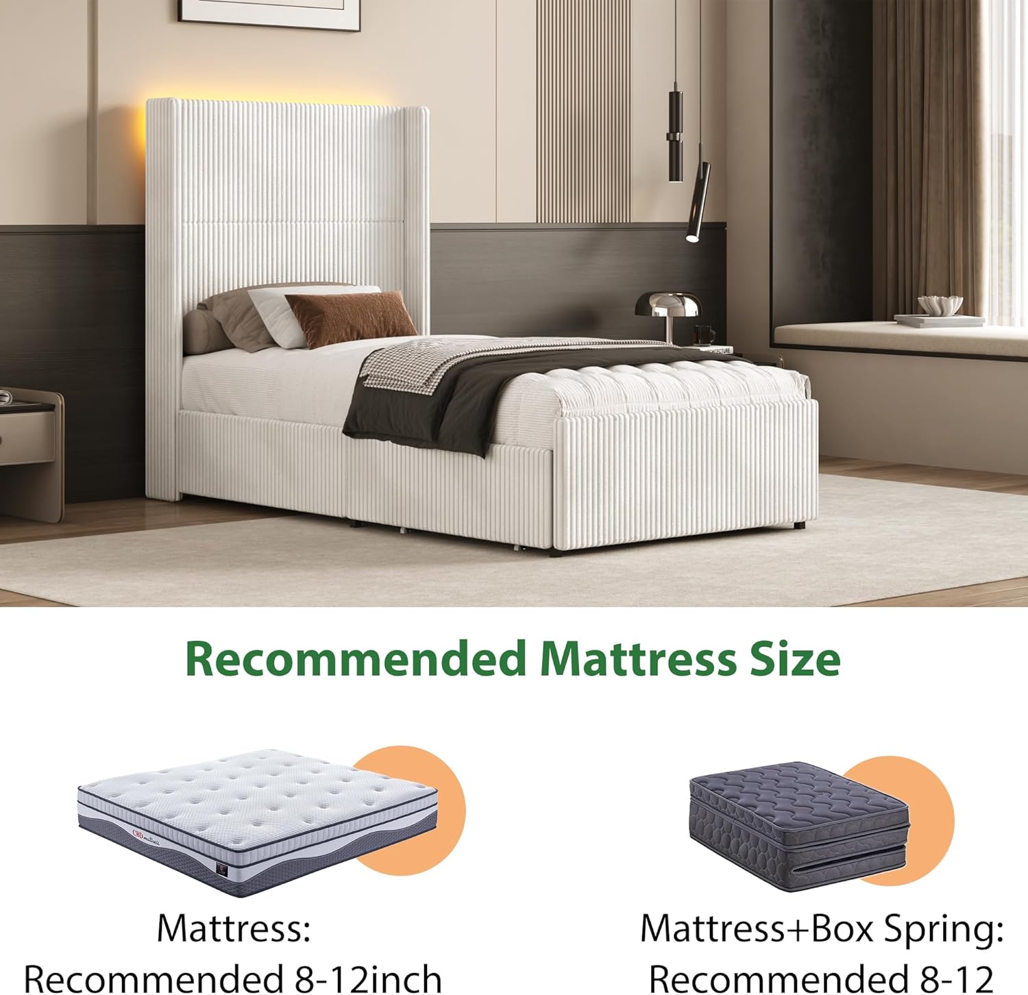 ChVans King Size LED Upholstered Bed Frame with Drawer, Wingback Platform Bed with 52" Headboard, Noise-Free Corduroy Bed No Box Spring Required