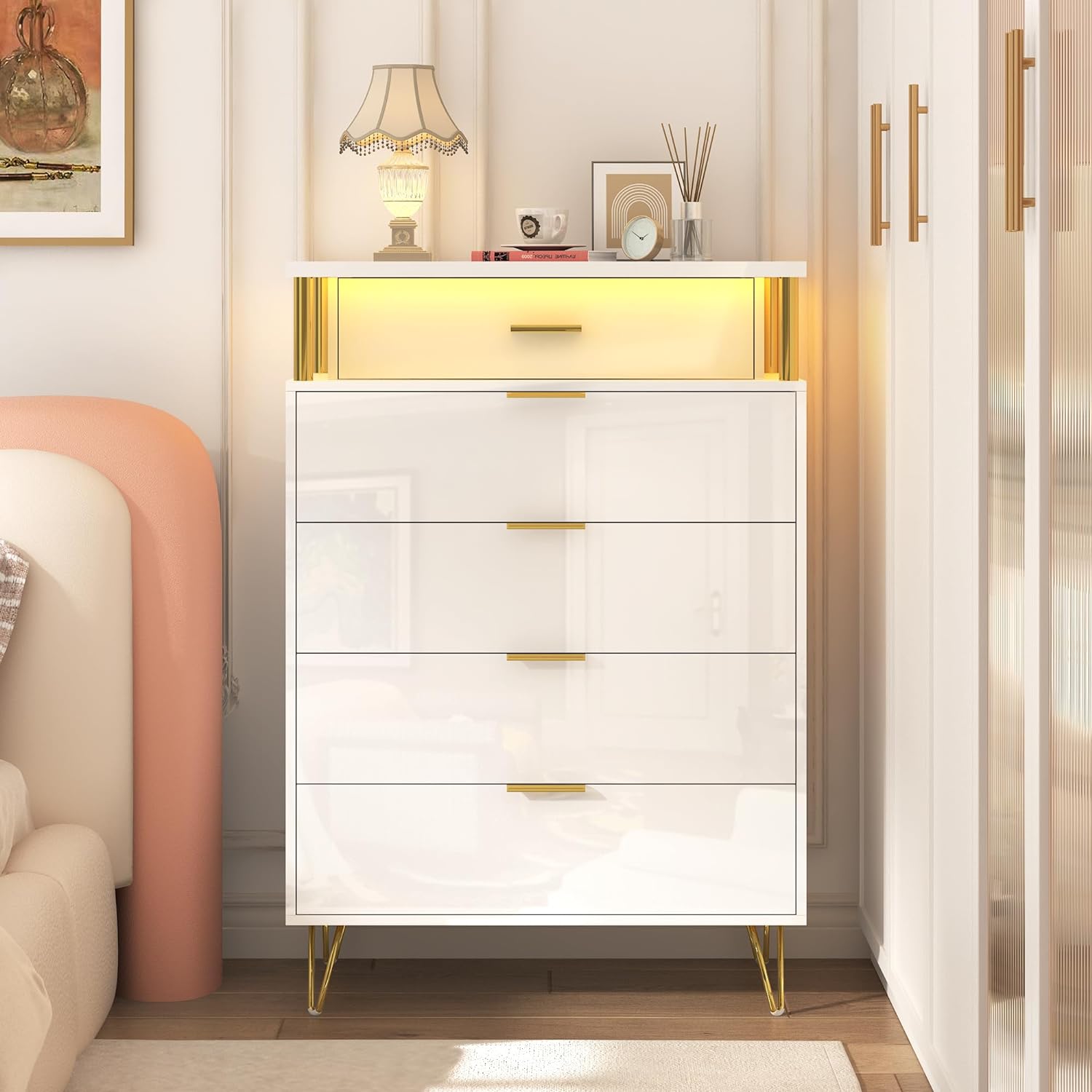 ChVans Black Dresser with LED Lights for Bedroom, Black Tall Closet Storage 5 Drawer Dresser, Chest of Drawers for Bedroom, Living Room, Hallway