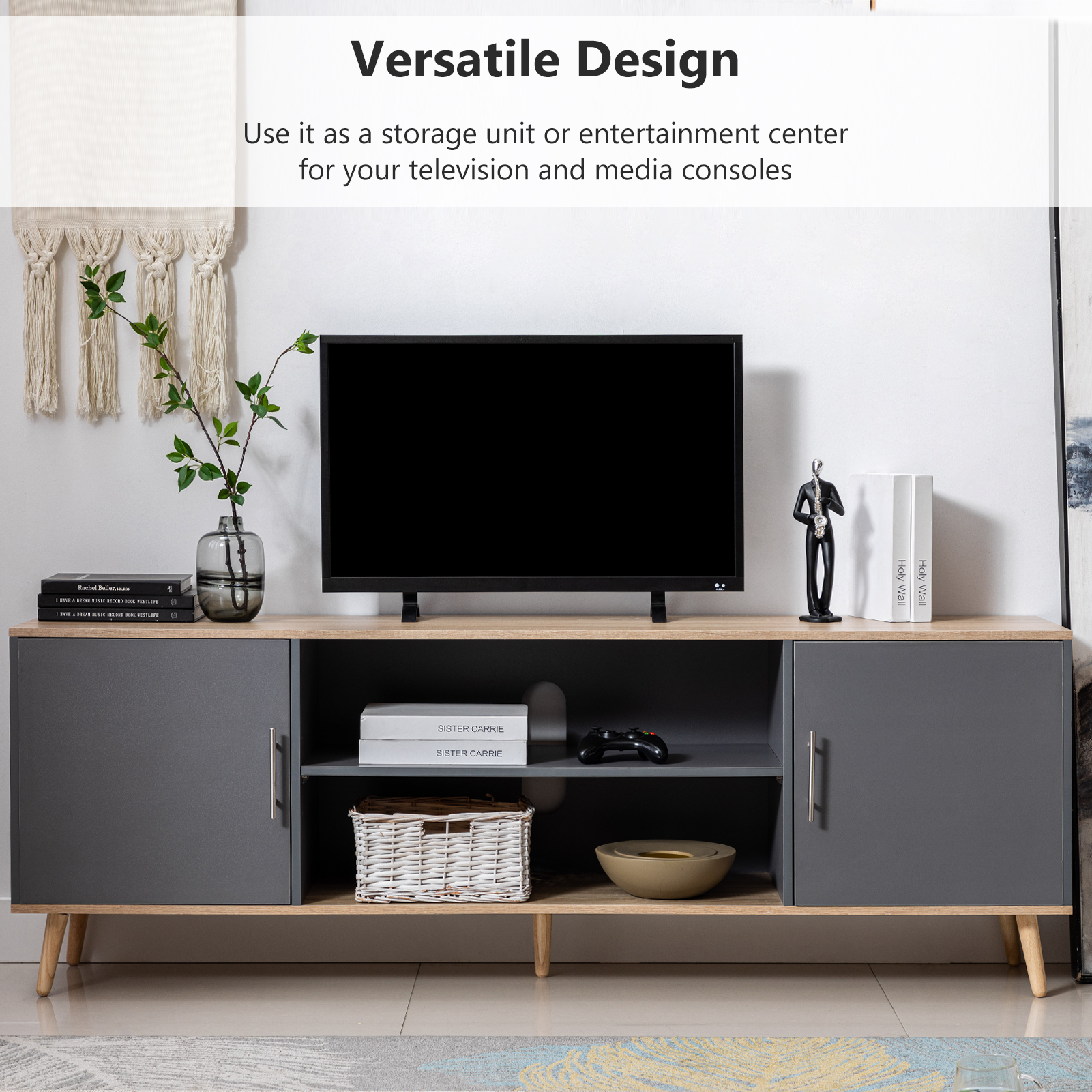 ChVans 70 Inch Mid Century Modern TV Stand for TVs up to 75 inches, Wood TV Stand with Storage, Entertainment Center for Living Room Bedroom, TV Media Console