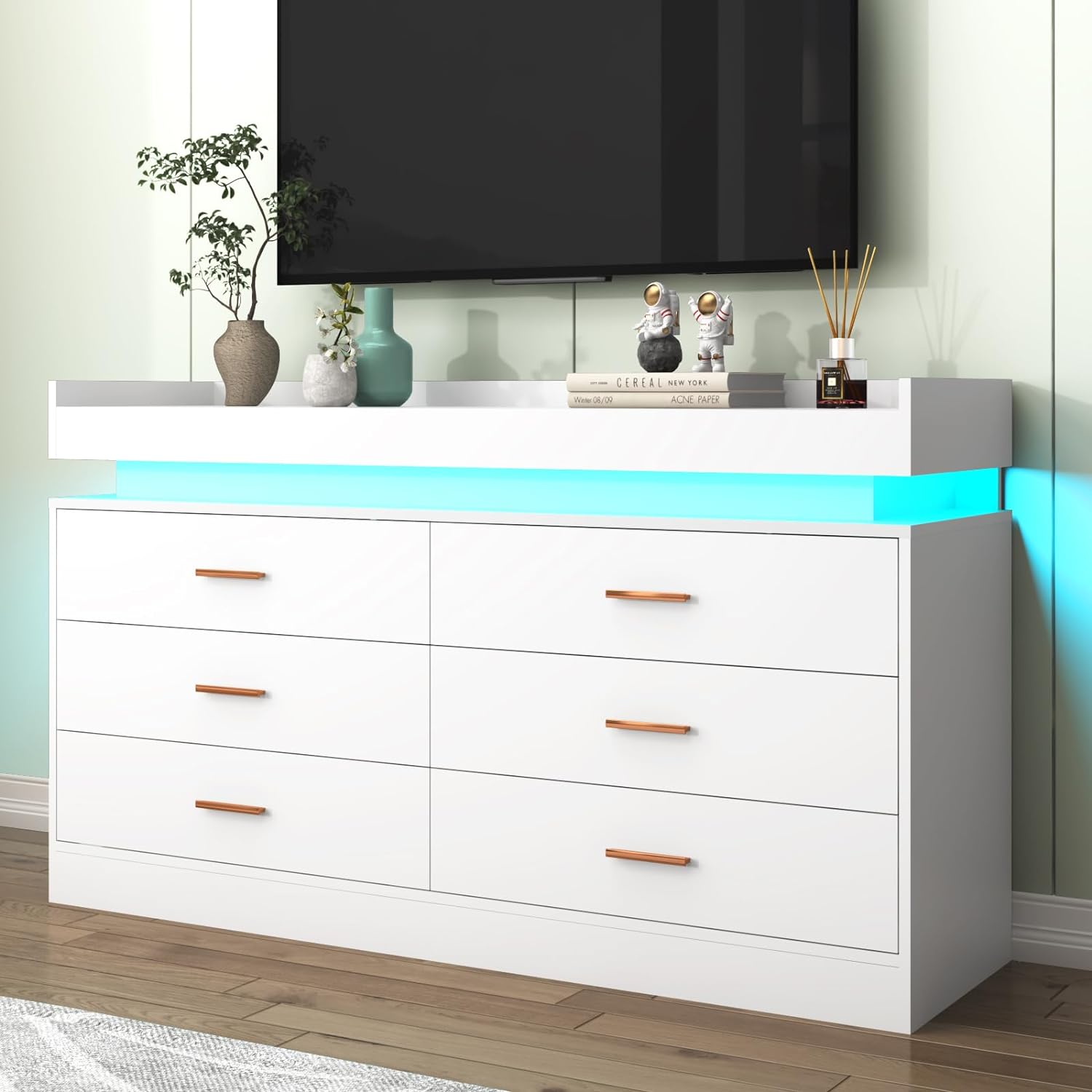White Dresser with LED Light, Modern Wood Dresser with Wide Drawers and Metal Handles, 6 drawer dresser for Bedroom, Living Room, Entryway, Hallway