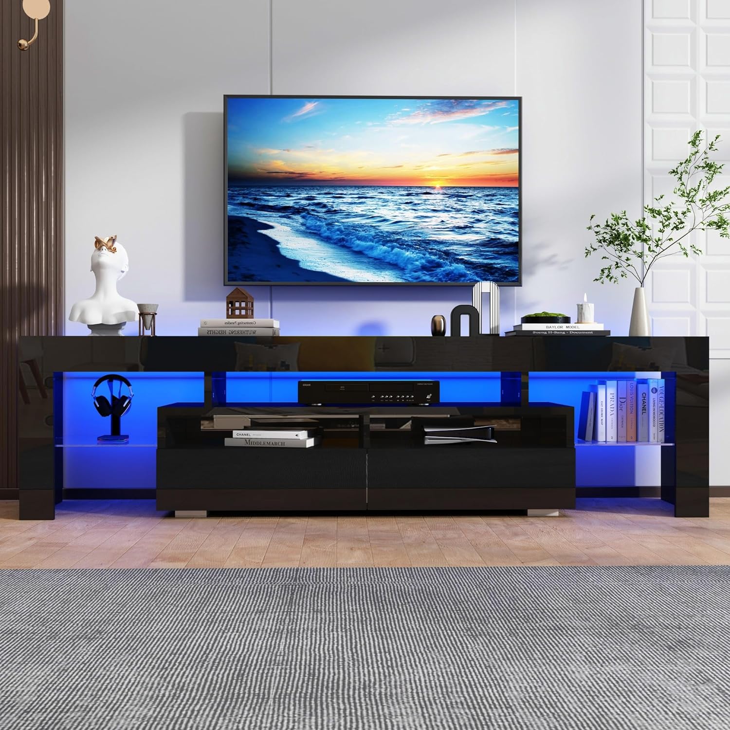 ChVans LED TV Stand for 65/75/85 inch TV, High Glossy Modern Entertainment Center with Drawer and LED Lights