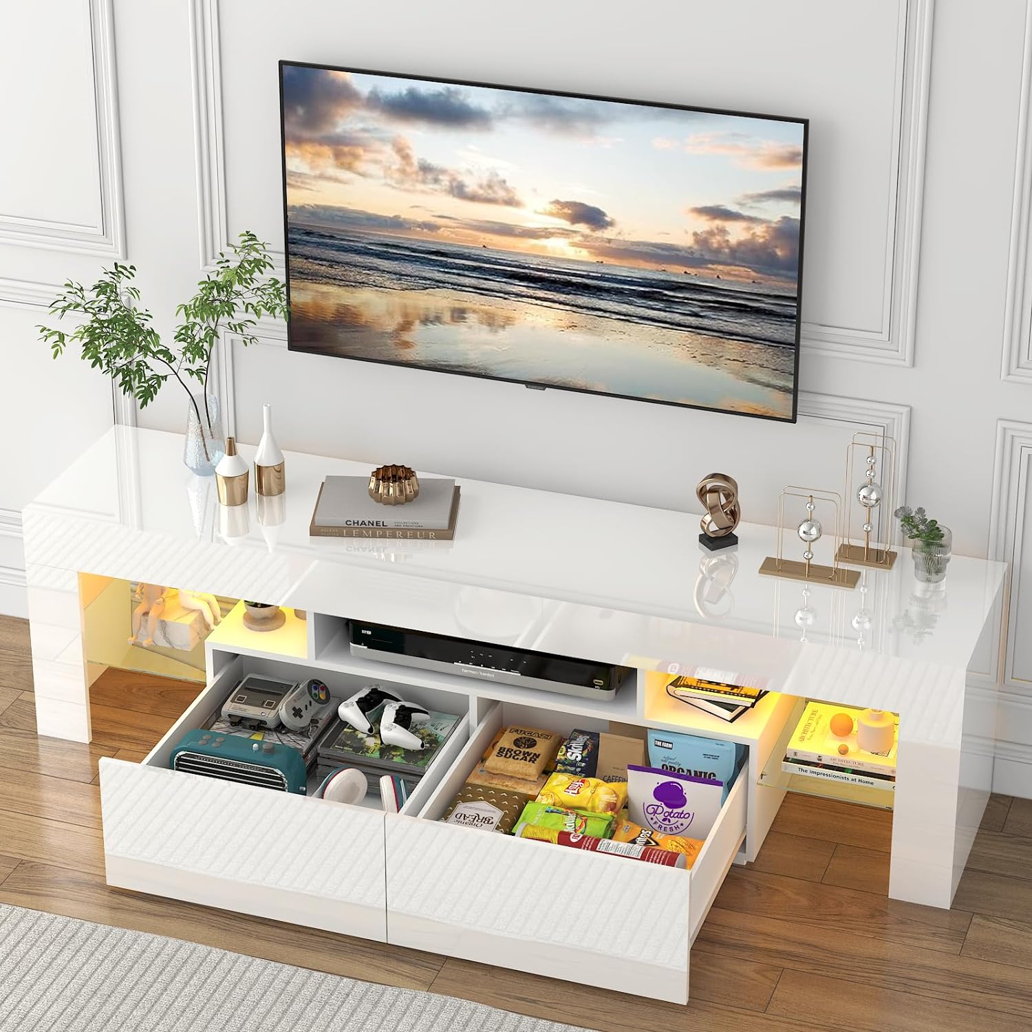 ChVans LED TV Stand for 65/75/85 inch TV, High Glossy Modern Entertainment Center with Drawer and LED Lights
