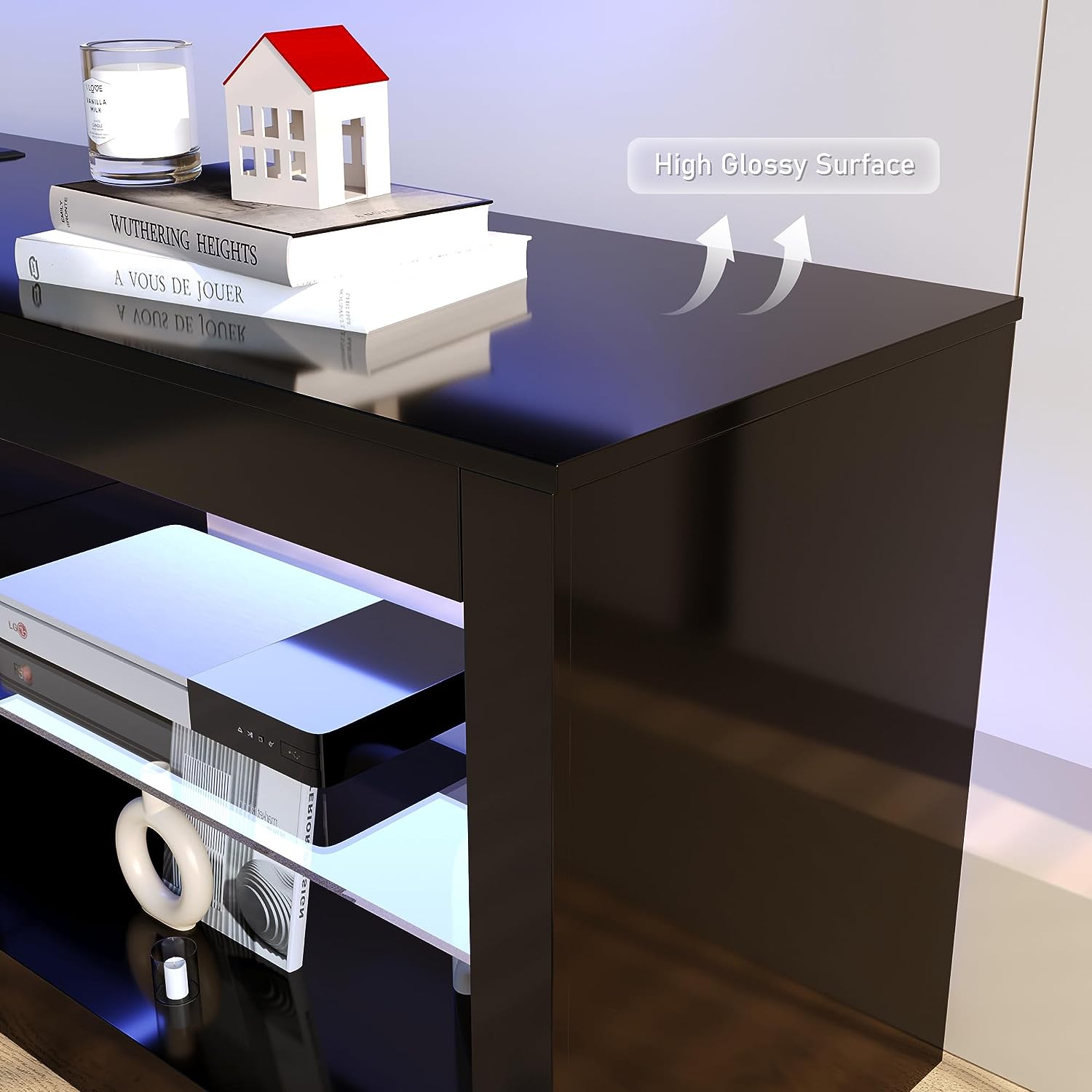 ChVans Modern LED TV Stand for TVs up to 70" with Adjustable LED Lights/Outlet, High Gloss Entertainment Center with Open Shelves Storage, Media Console TV Stands for Living Room, Game room, Bedroom