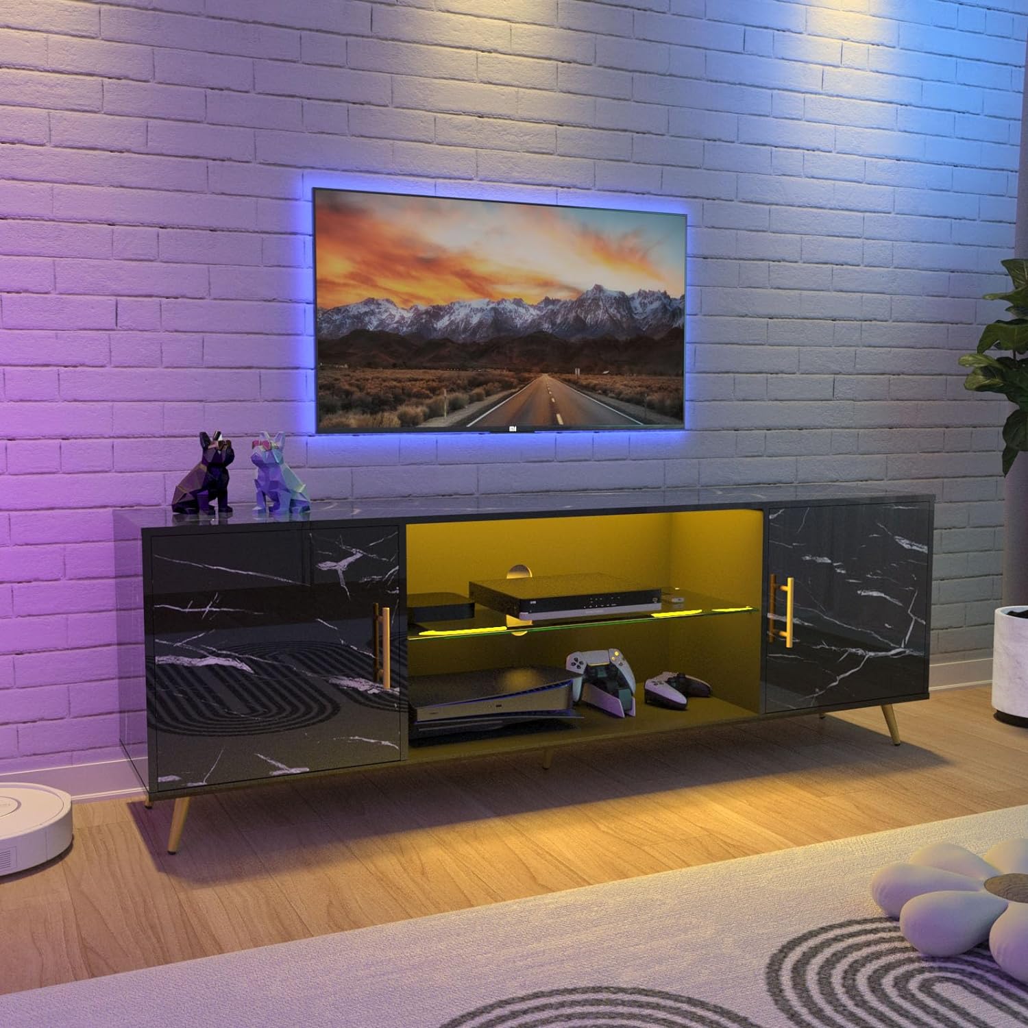 ChVans TV Stand for 80 inch TV with LED Lights, High Gloss Entertainment Center Media Console with Large Storage, LED TV Stand for Living Room, Bedroom(Marble Black)