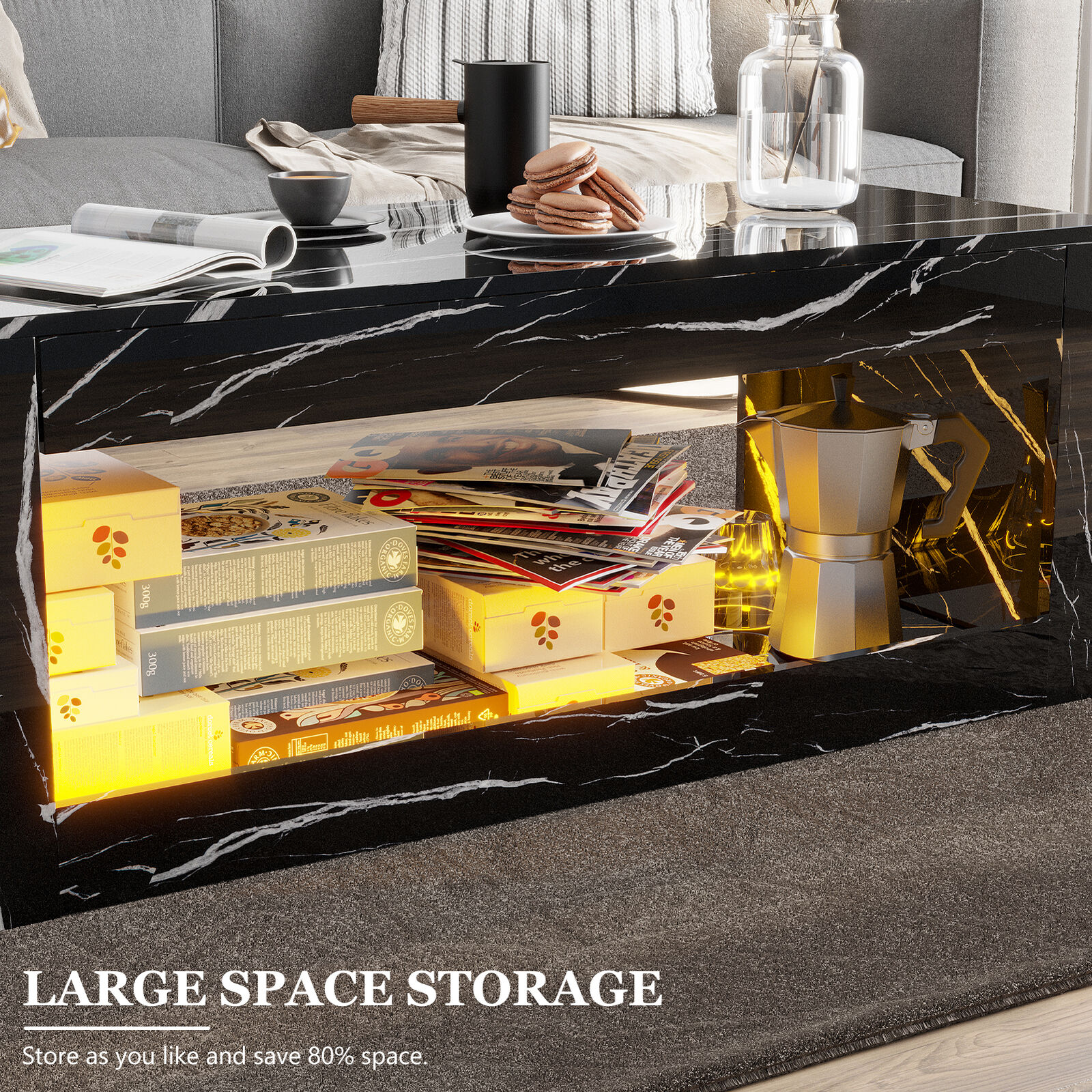 ChVans LED Coffee Table with Open Storage, Modern White Coffee Table with 16 Colors LED Lights, Rectangle Center End Table with Marbling Print for Living Room Bedroom