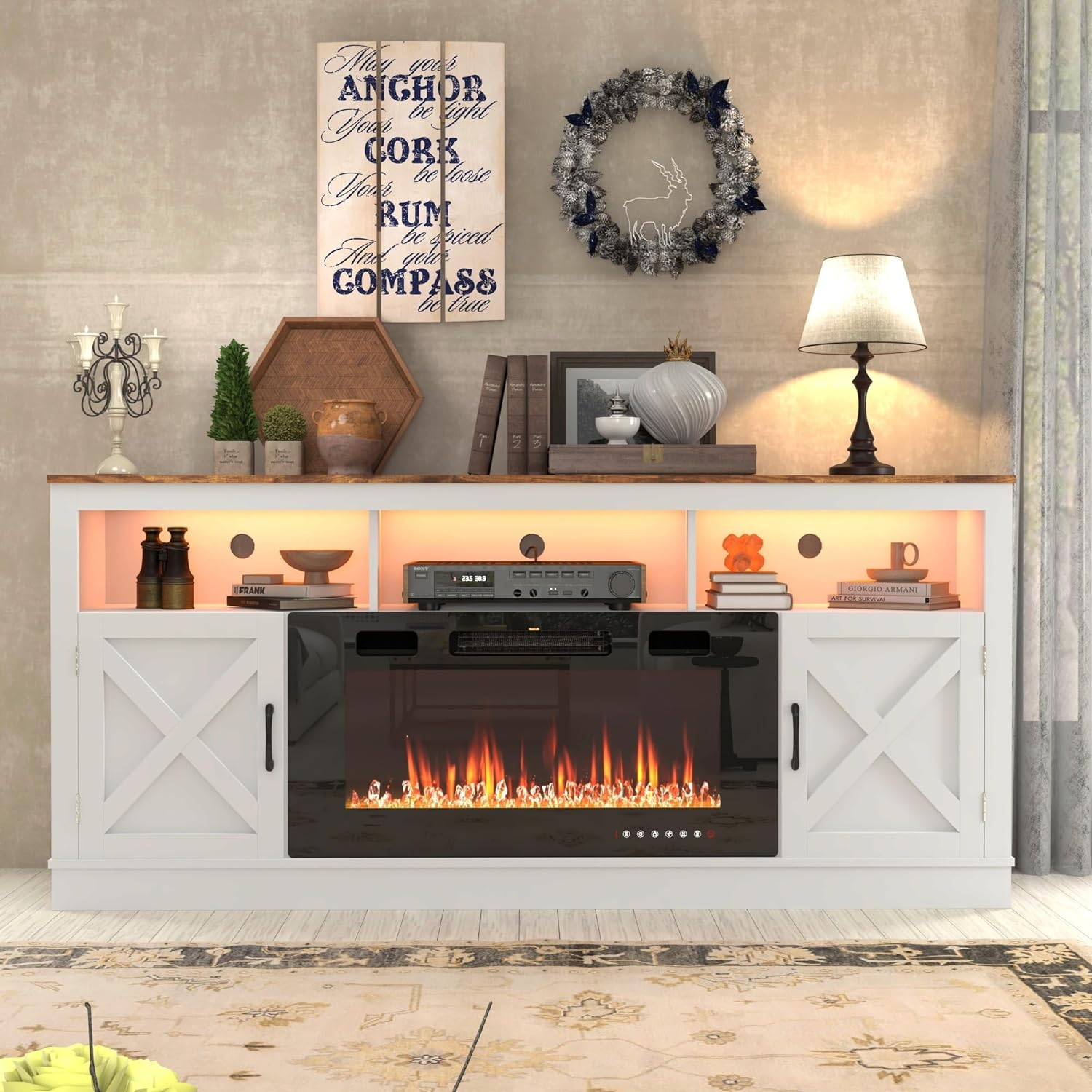 Fireplace TV Stand for 70/75/80 Inch TV with 36" Electric Fireplace, 70" Farmhouse Entertainment Center with LED Lights, Tall Media Console with Barn Door for Living Room, Bedroom