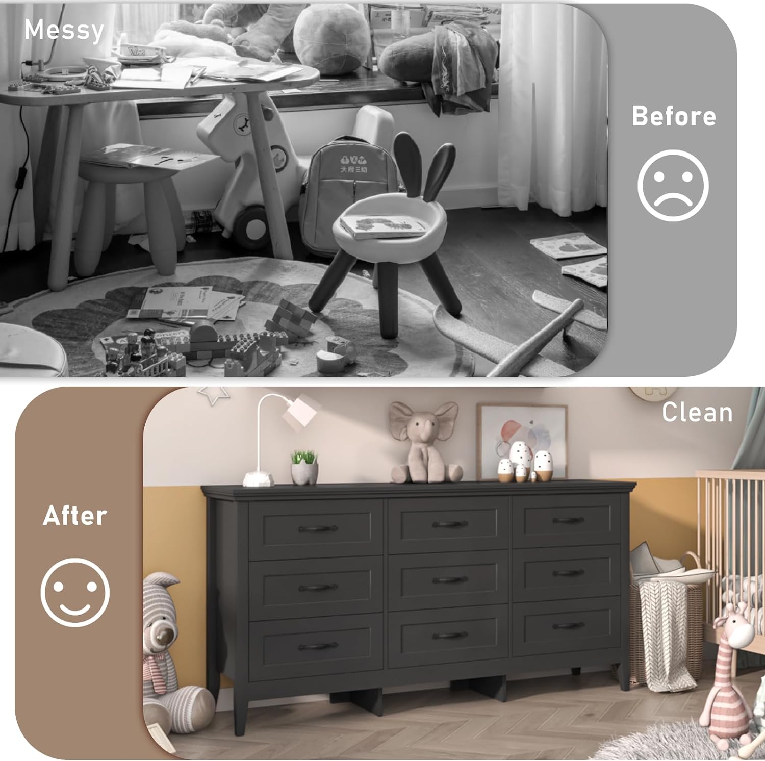 ANPOO 9 drawer dresser for Bedroom, Farmhouse Long Dresser with Charging Station and Antique Handles, Wood Chest of Drawers for Living Room, Entryway, Hallway, Hallway(Black)