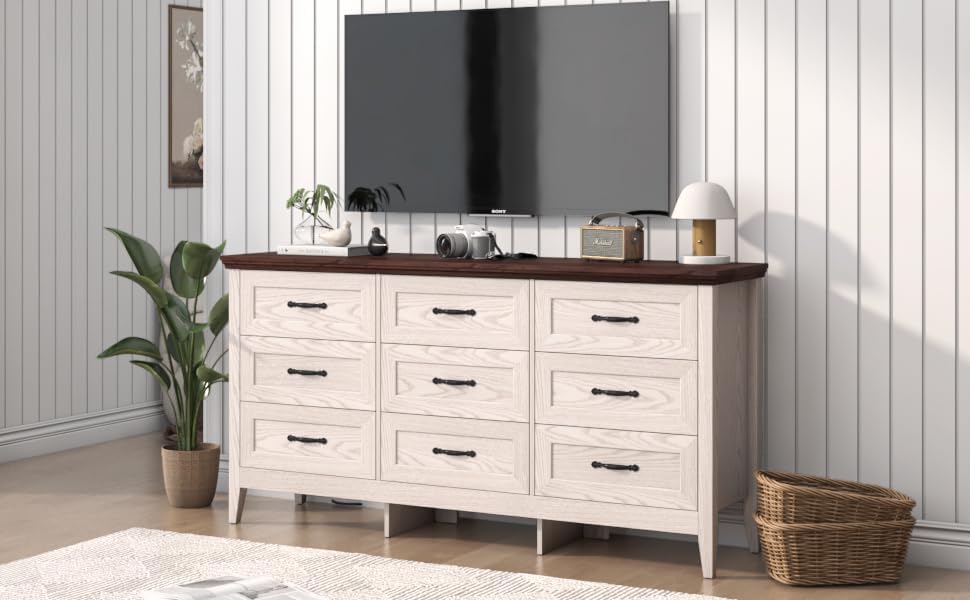 ANPOO 9 drawer dresser for Bedroom, Farmhouse Long Dresser with Charging Station and Antique Handles, Wood Chest of Drawers for Living Room, Entryway, Hallway, Hallway(Black)