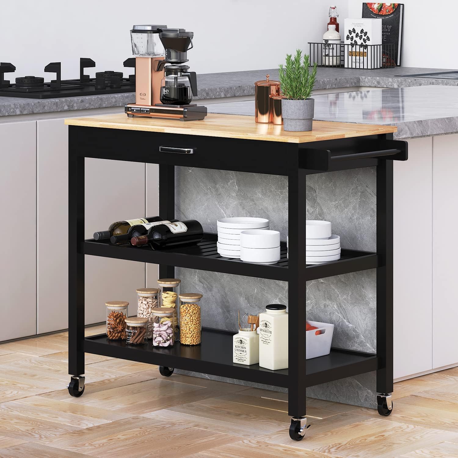 ANPOO 3 Tier Kitchen Island Carts on Wheels with Storage, Mobile Rolling Cart with Large Capacity Storage Drawers, Towel Rack, Rubber wood Top, for Kitchen and Dining Room(Black)