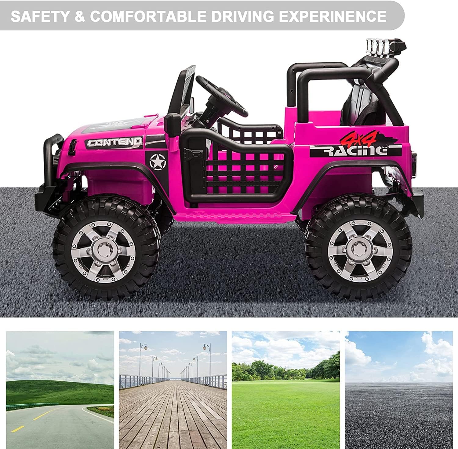 PWFE 12 Volt Kids Electric Car Kids Ride On Car with Remote Control, 2 Seats Kids Jeep with LED Lights, Wheels Suspension, Music, Horn, 110lbs Load(Black)