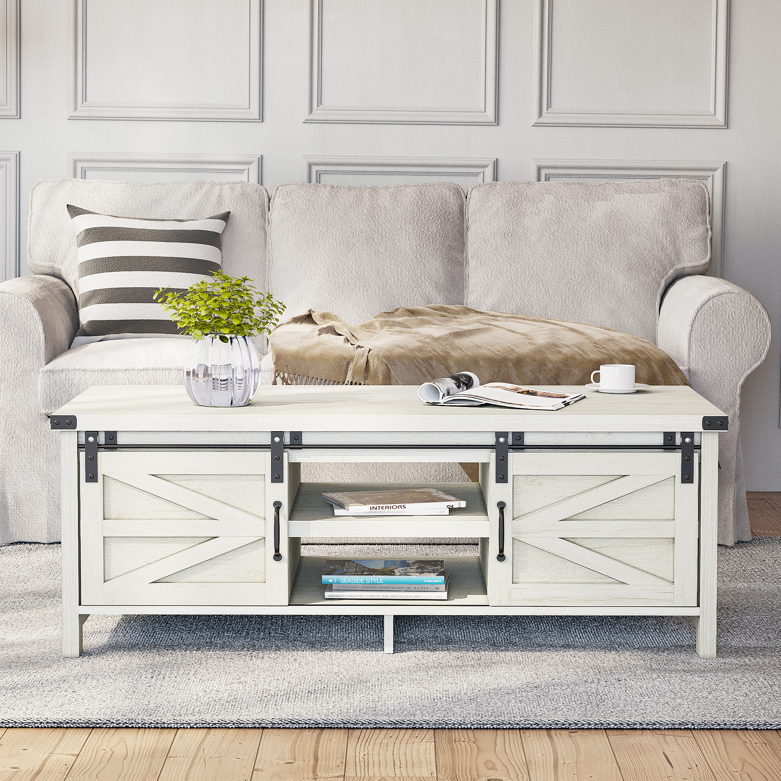 48" Modern Farmhouse Coffee Table with Adjustable Storage Cabinets Shelves, Modern Coffee Table for Living Room with Sliding Barn Door
