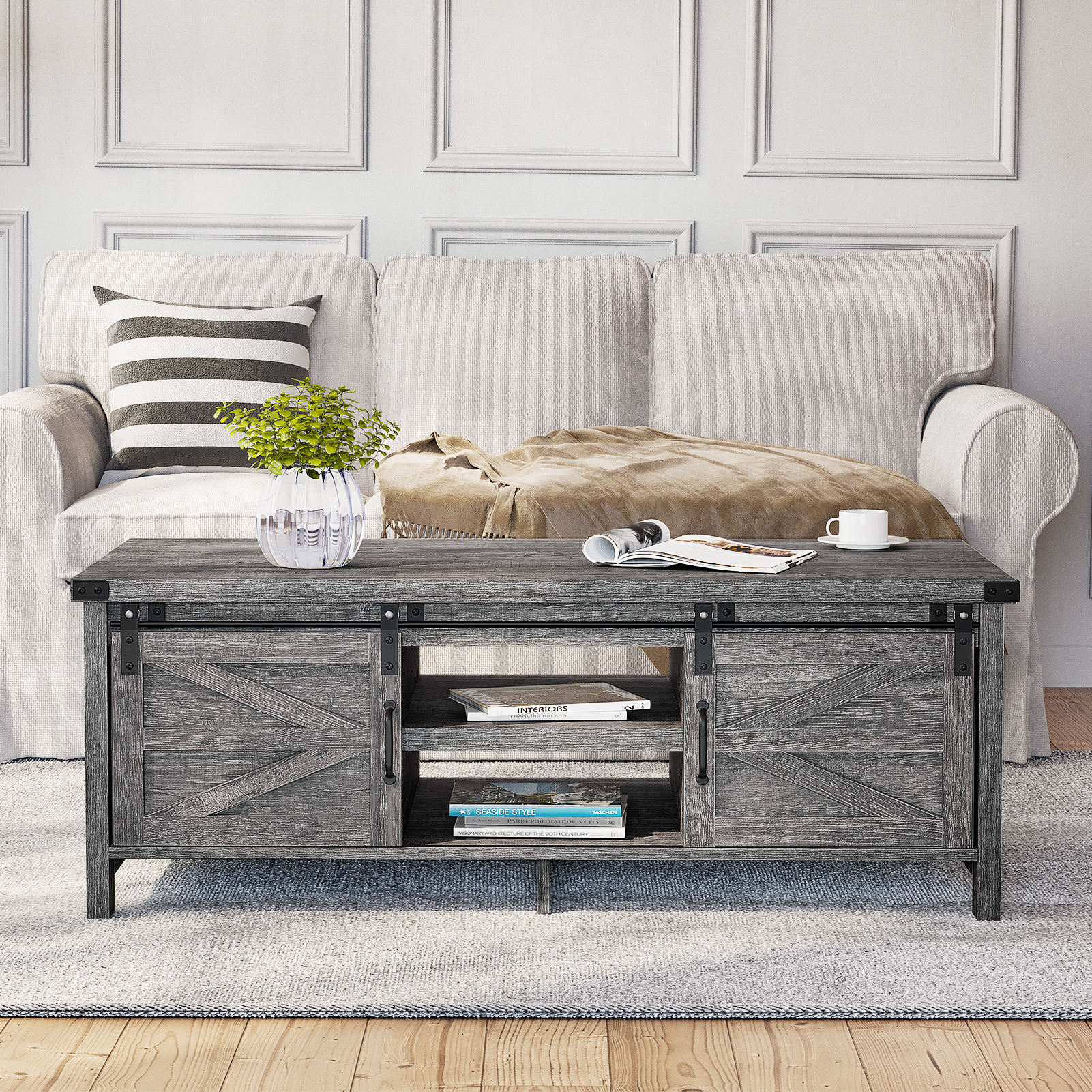 48" Modern Farmhouse Coffee Table with Adjustable Storage Cabinets Shelves, Modern Coffee Table for Living Room with Sliding Barn Door