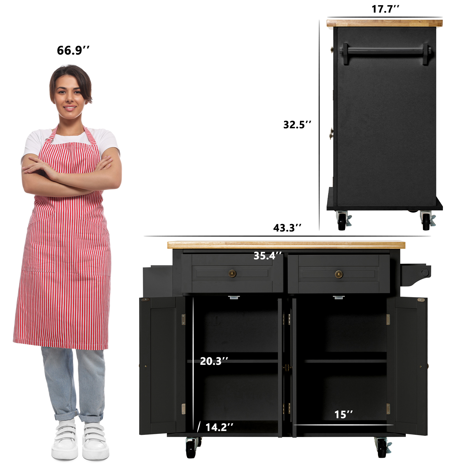 CAIDI Rolling Kitchen Island, Kitchen Cart with Rubber wood Countertop, Lockable Casters, Adjustable Shelves, Matte