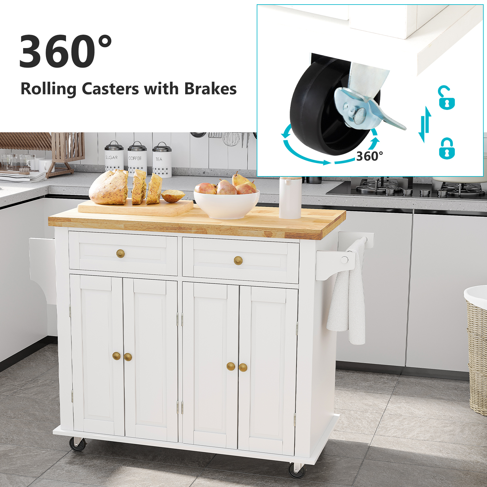 CAIDI Rolling Kitchen Island, Kitchen Cart with Rubber wood Countertop, Lockable Casters, Adjustable Shelves, Matte
