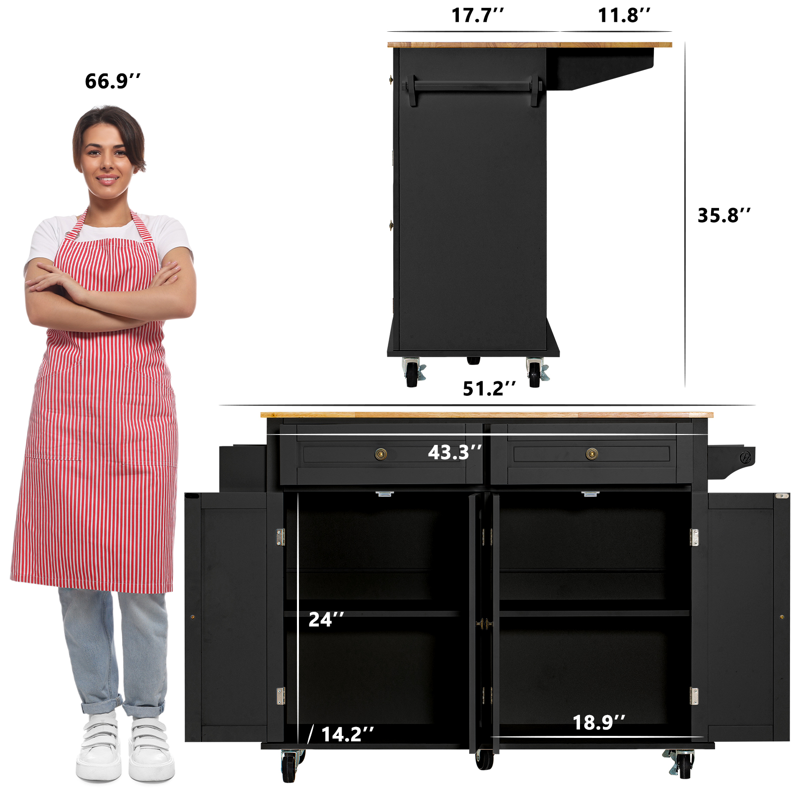 CAIDI Rolling Kitchen Island with Drop Leaf, Kitchen Cart with Rubber wood Countertop, Lockable Casters, Adjustable Shelves, Matte(Black-51.2"x29.5"x35.8")