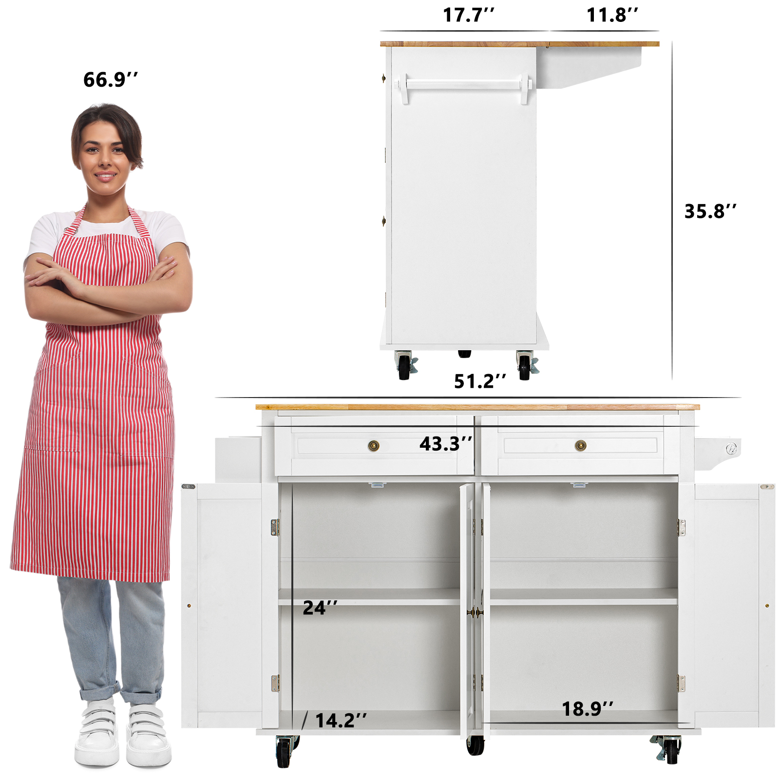 CAIDI Rolling Kitchen Island with Drop Leaf, Kitchen Cart with Rubber wood Countertop, Lockable Casters, Adjustable Shelves, Matte(Black-51.2"x29.5"x35.8")