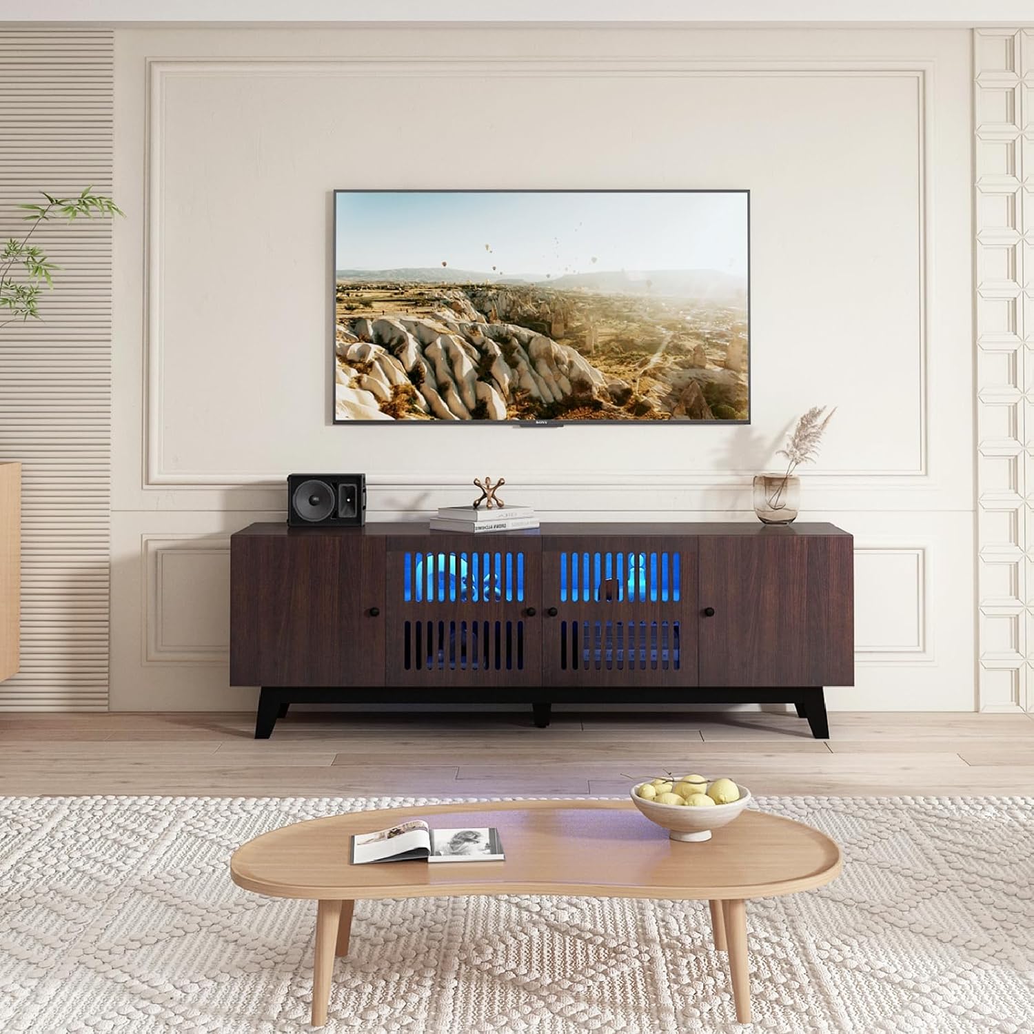 74 inch Mid-Century Modern TV Stand with LED Lights, Farmhouse TV Media Console Cabinet for TVs Up to 85 Inches, 4 Door Wood Shelf Entertainment Center with Storage, for Living Room