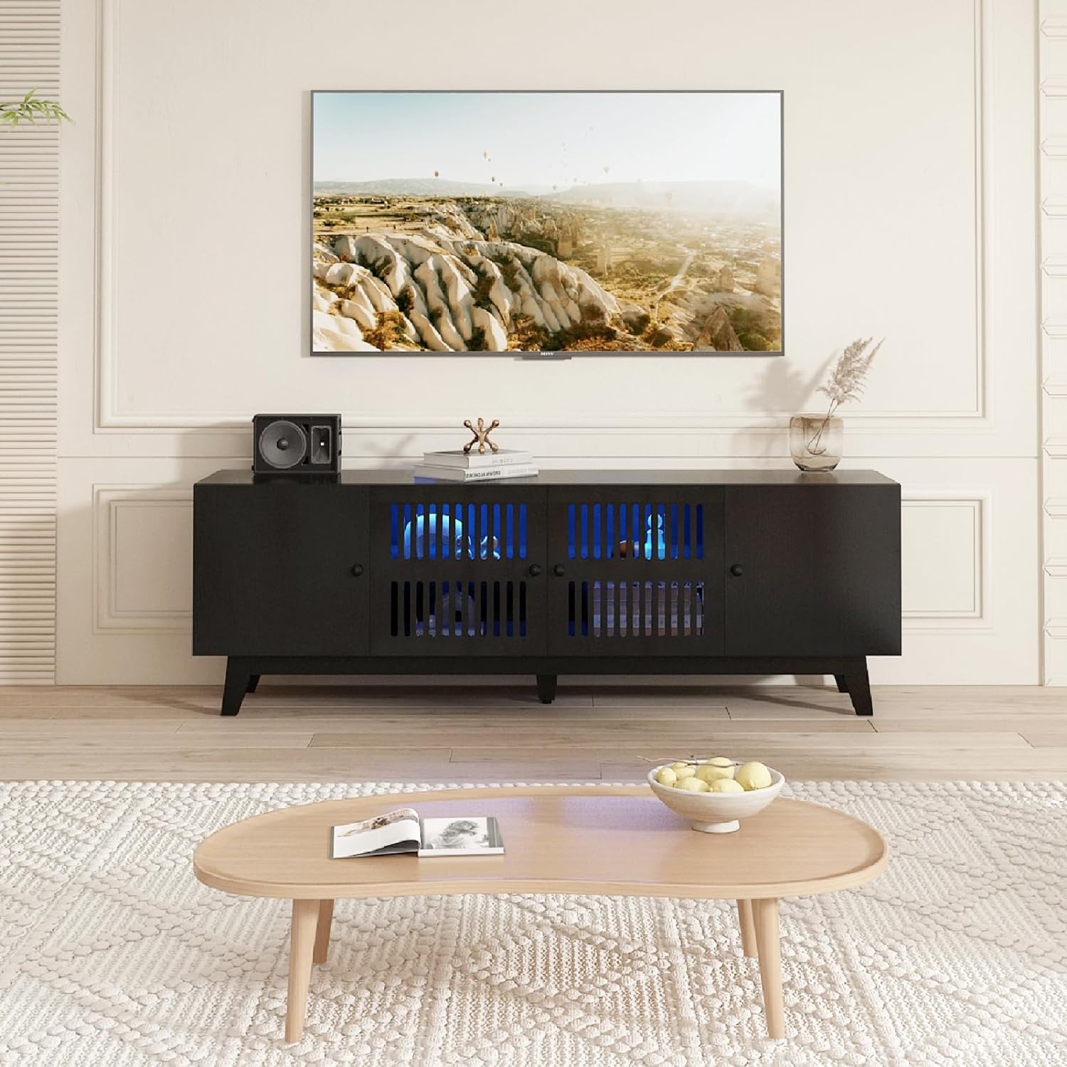 74 inch Mid-Century Modern TV Stand with LED Lights, Farmhouse TV Media Console Cabinet for TVs Up to 85 Inches, 4 Door Wood Shelf Entertainment Center with Storage, for Living Room
