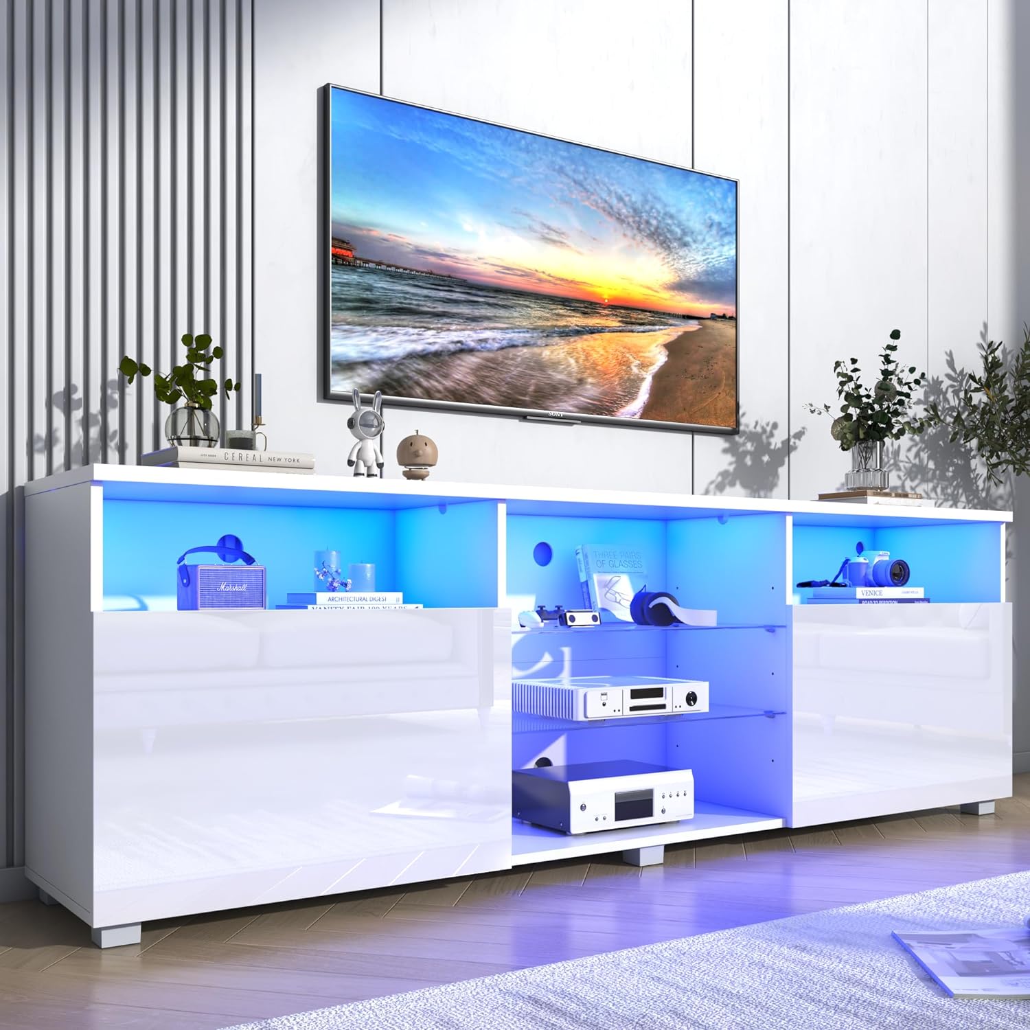 ChVans LED TV Stand for 70/75/80 inch, High Glass Modern Entertainment Center with LED Lights and Glossy Cabinets