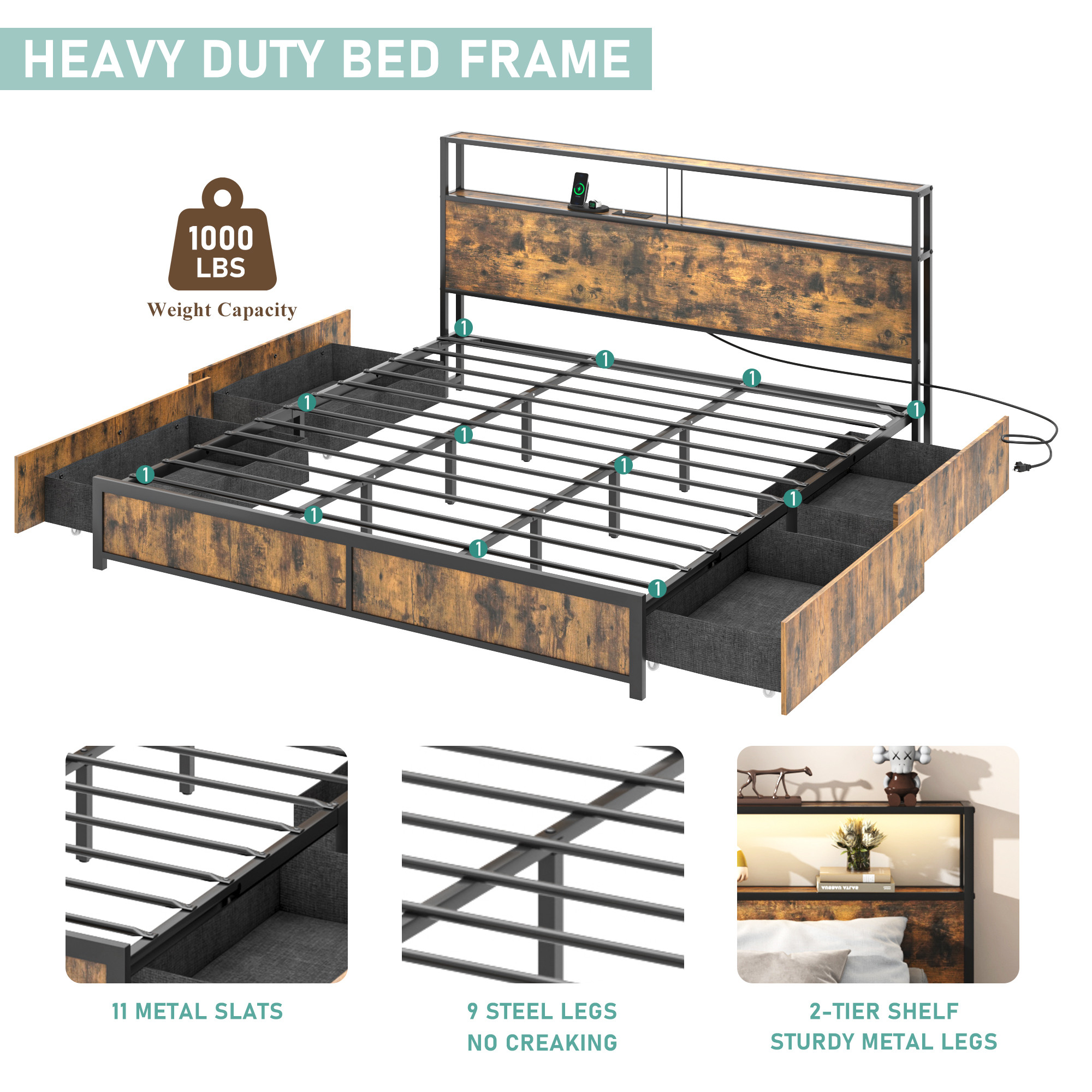 LED Bed Frame with Outlets USB Ports, Metal Platform Bed with Storage Headboard & 4 Large Drawers, No Box Spring Needed